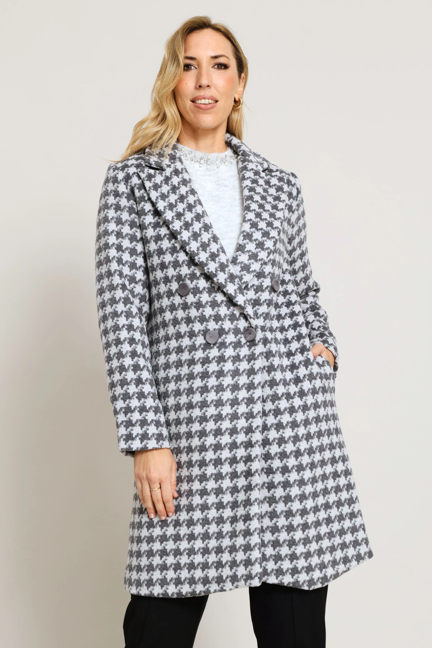 Double Breasted Houndstooth Tweed Coat - Grey - Image 3