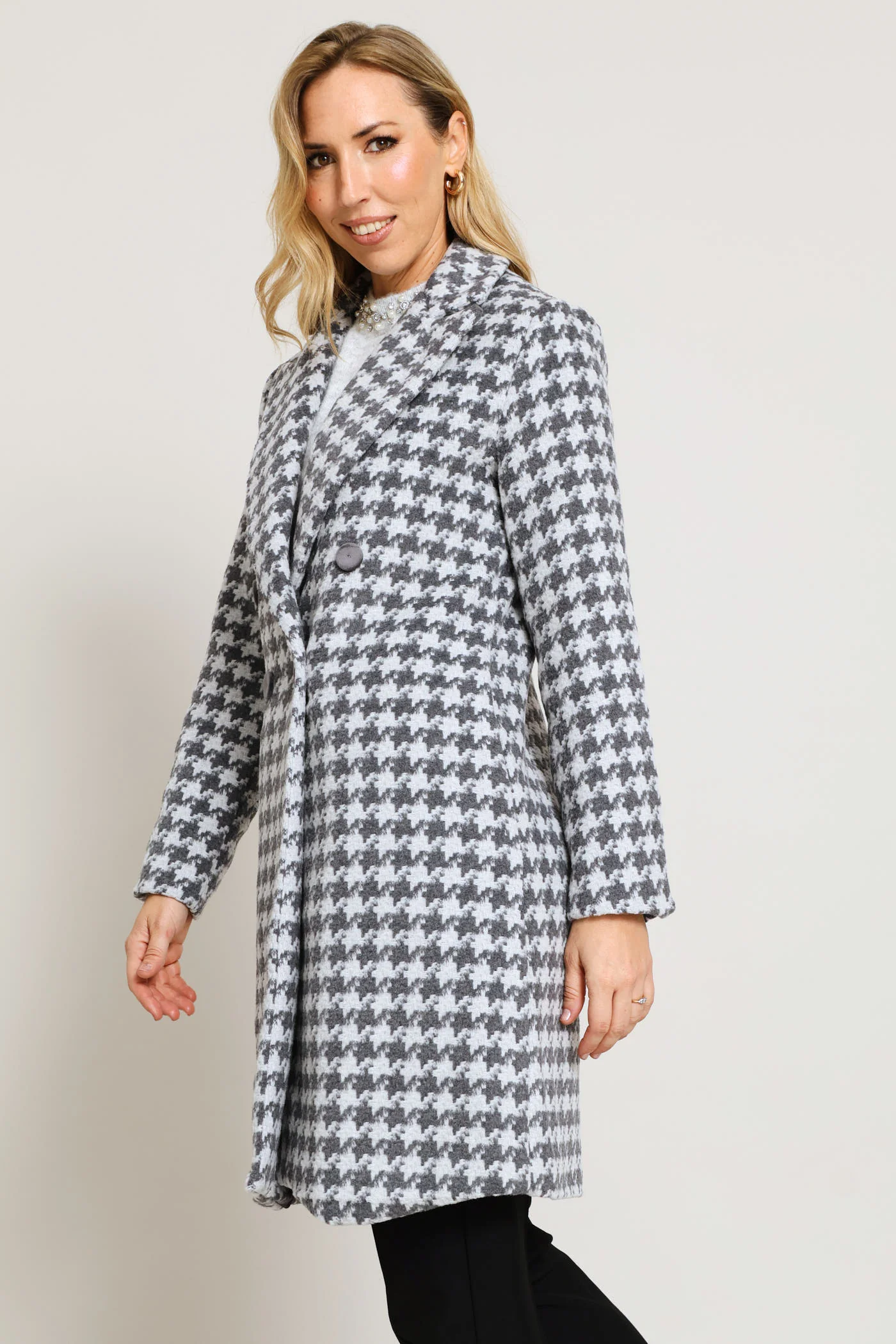 Double Breasted Houndstooth Tweed Coat - Grey - Image 4