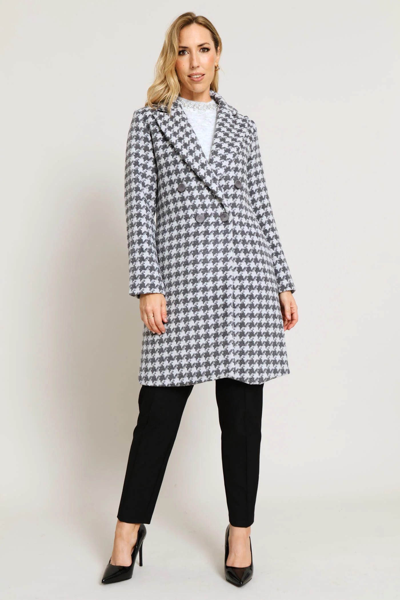 Double Breasted Houndstooth Tweed Coat - Grey - Image 6