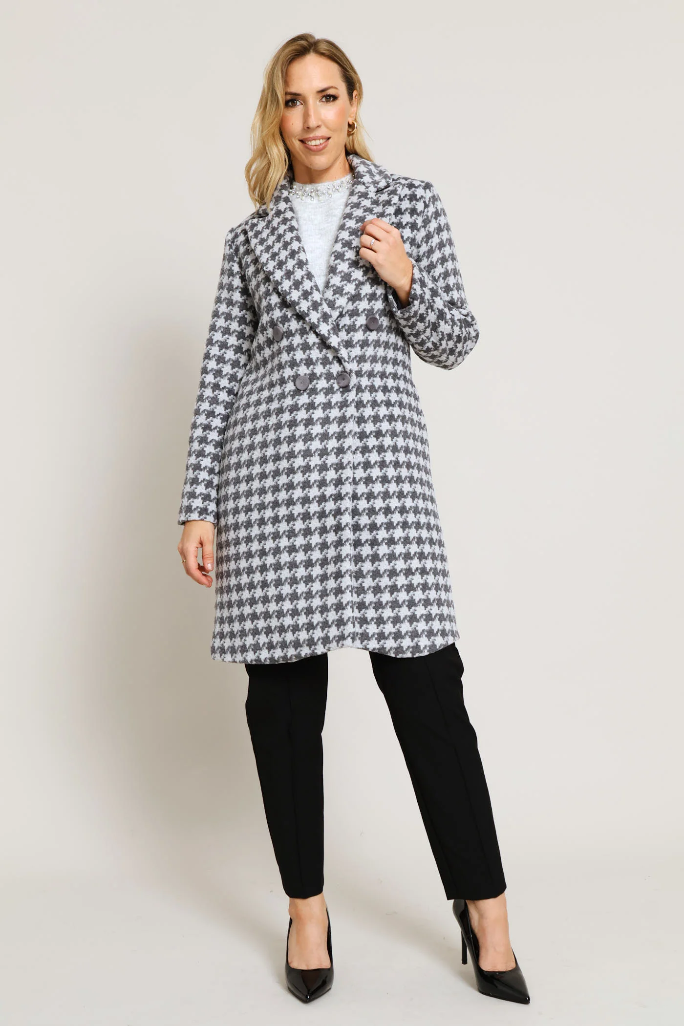 Double Breasted Houndstooth Tweed Coat - Grey - Image 7