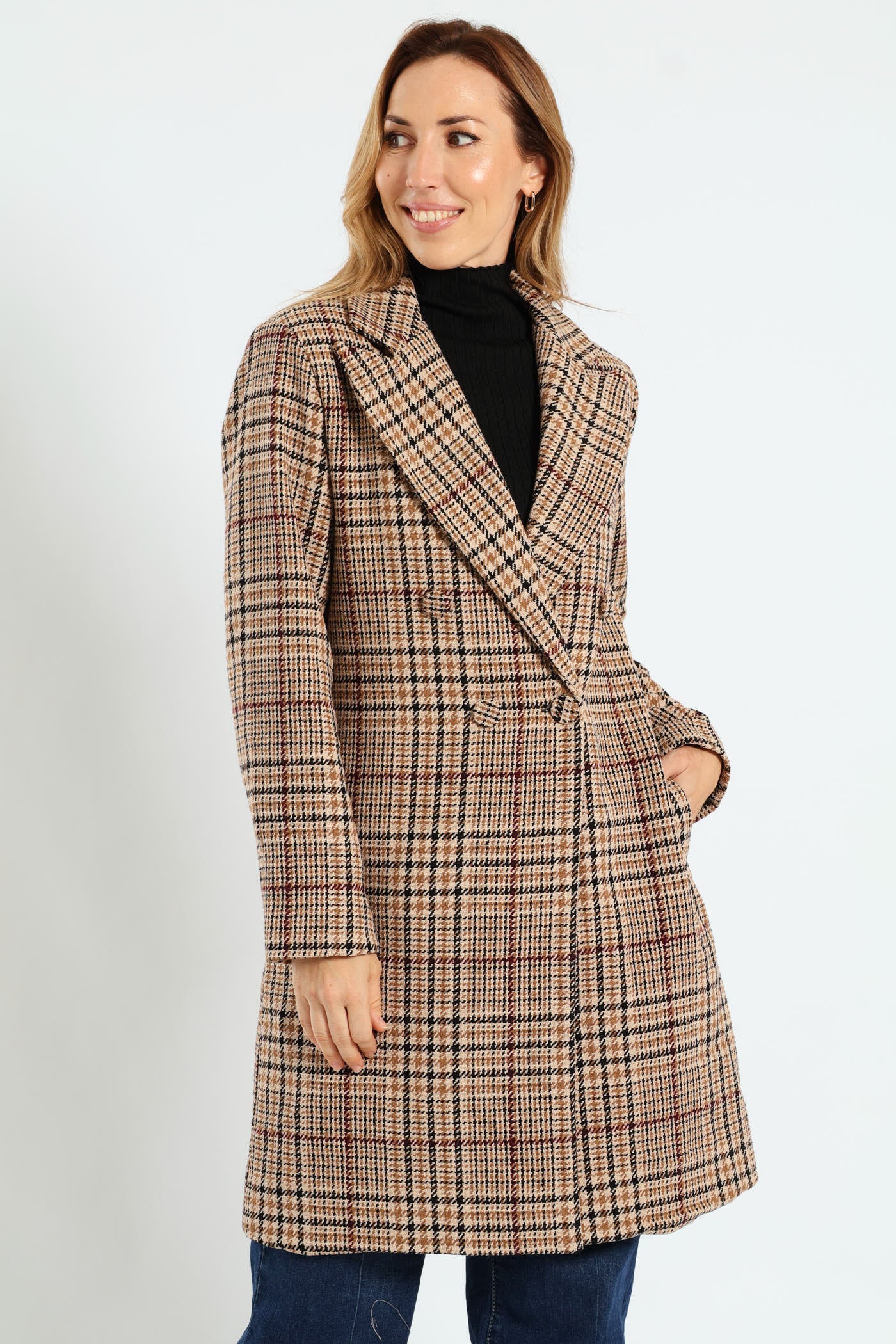 Double Breasted Tartan Check Tweed Coat - Brown - Image 2