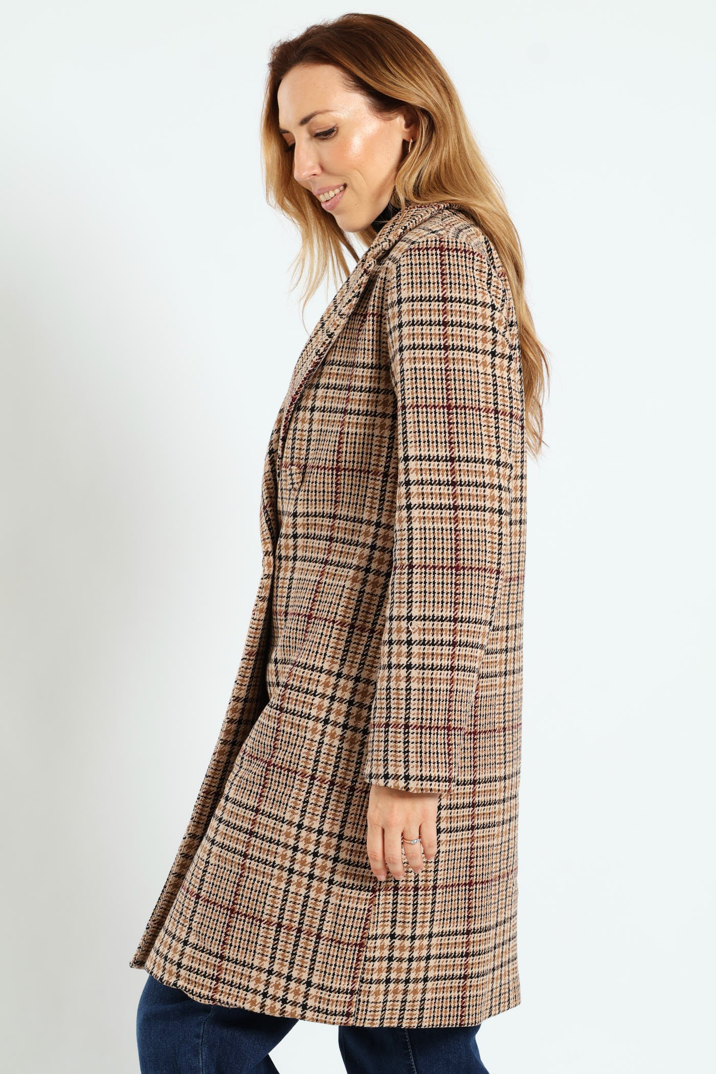 Double Breasted Tartan Check Tweed Coat - Brown - Image 3