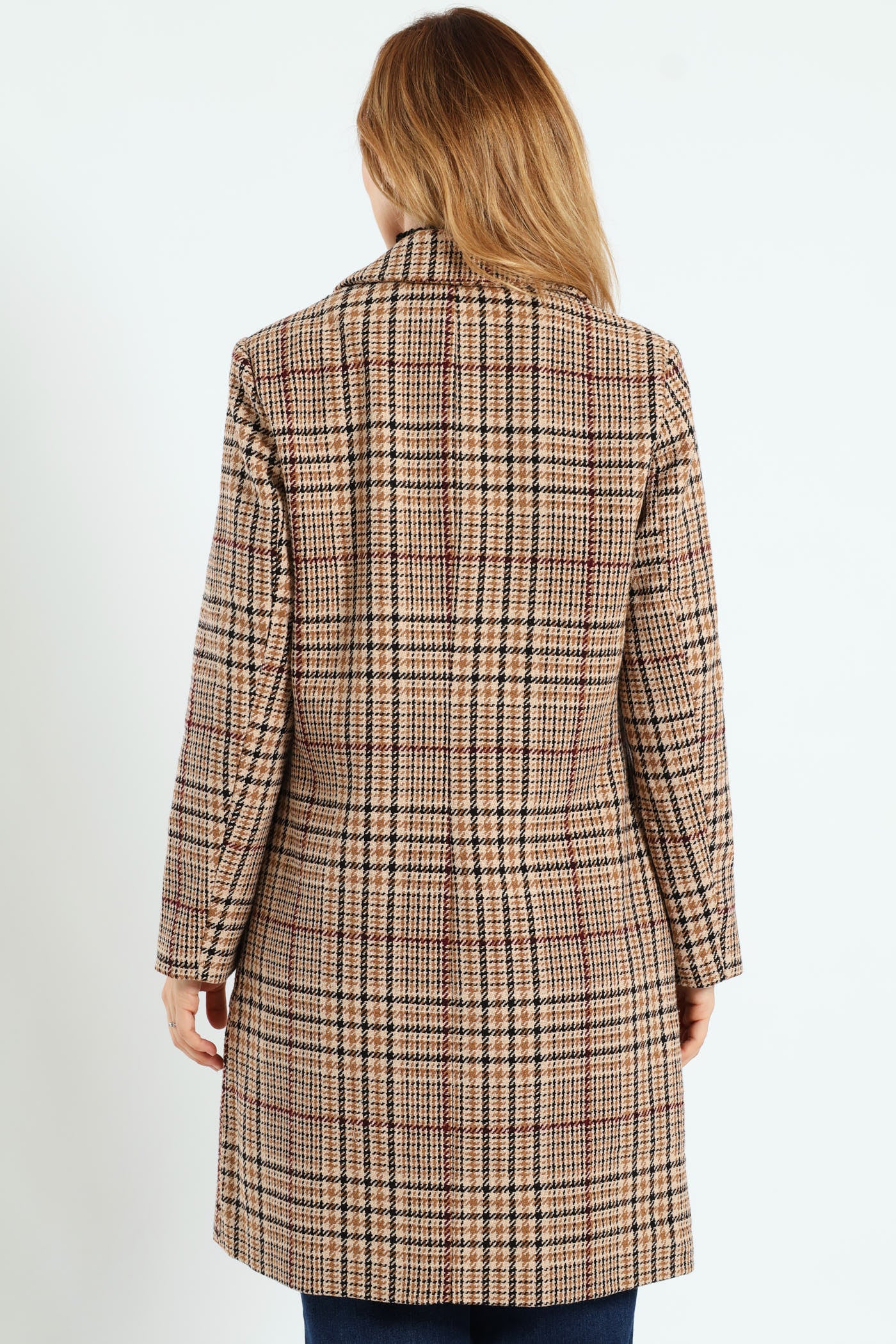 Double Breasted Tartan Check Tweed Coat - Brown - Image 4