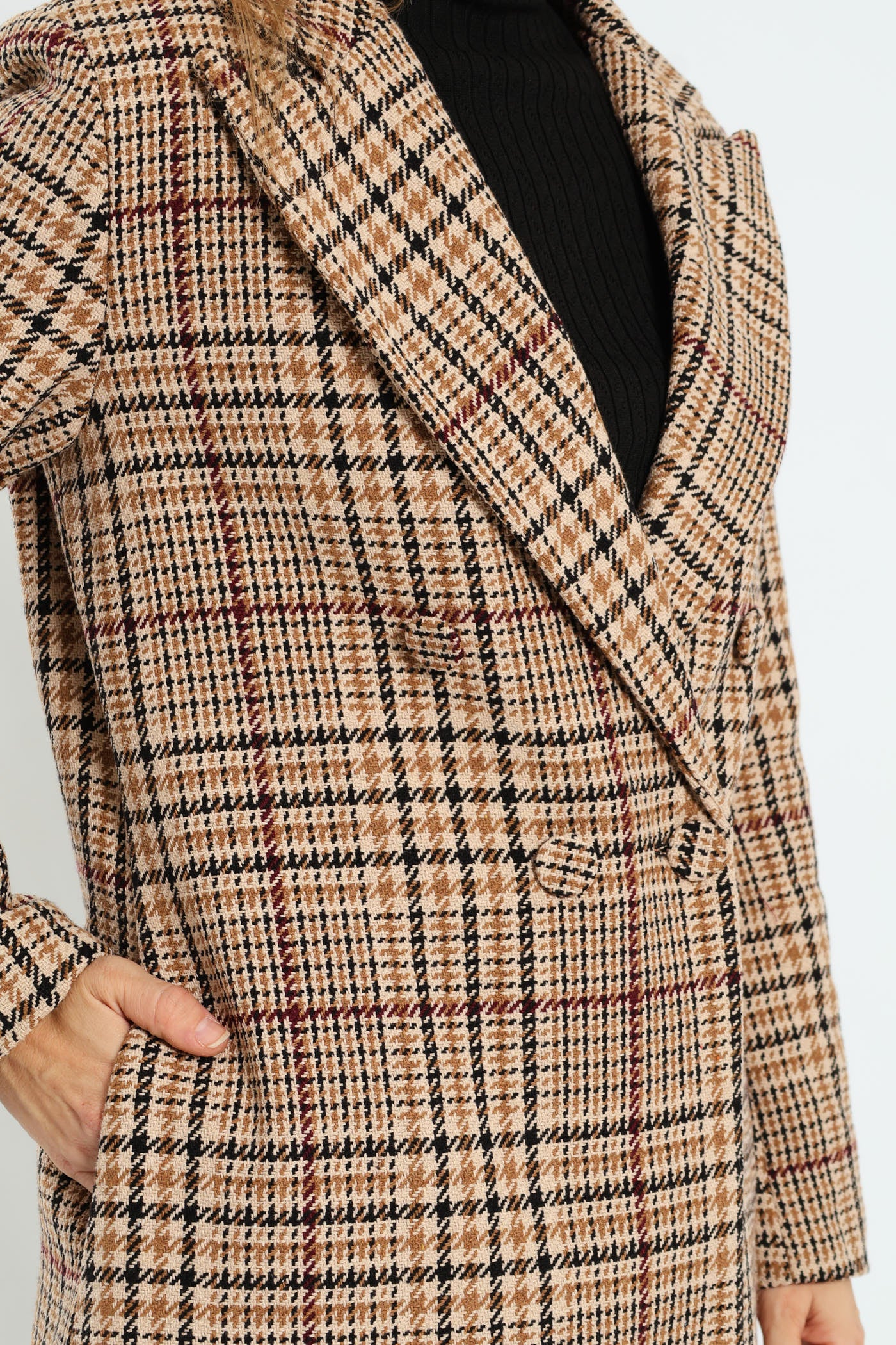 Double Breasted Tartan Check Tweed Coat - Brown - Image 5
