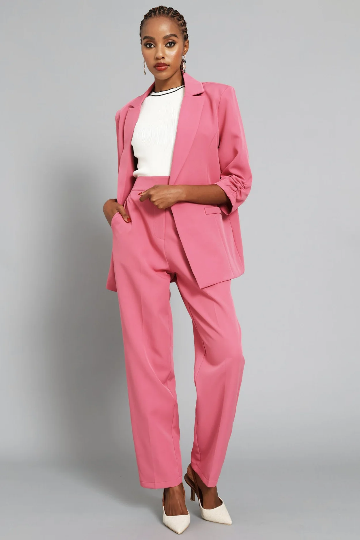 Ruched Sleeve Blazer - Blush - Image 6