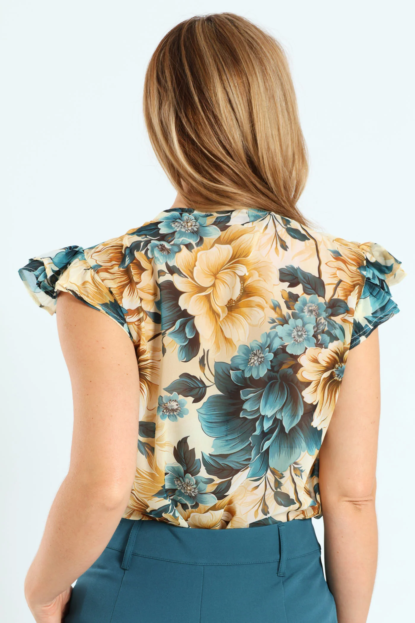 Double Button Keyhole Blouse - Teal - Image 4