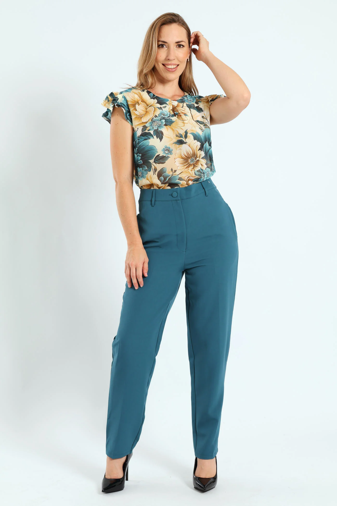 Double Button Keyhole Blouse - Teal - Image 5