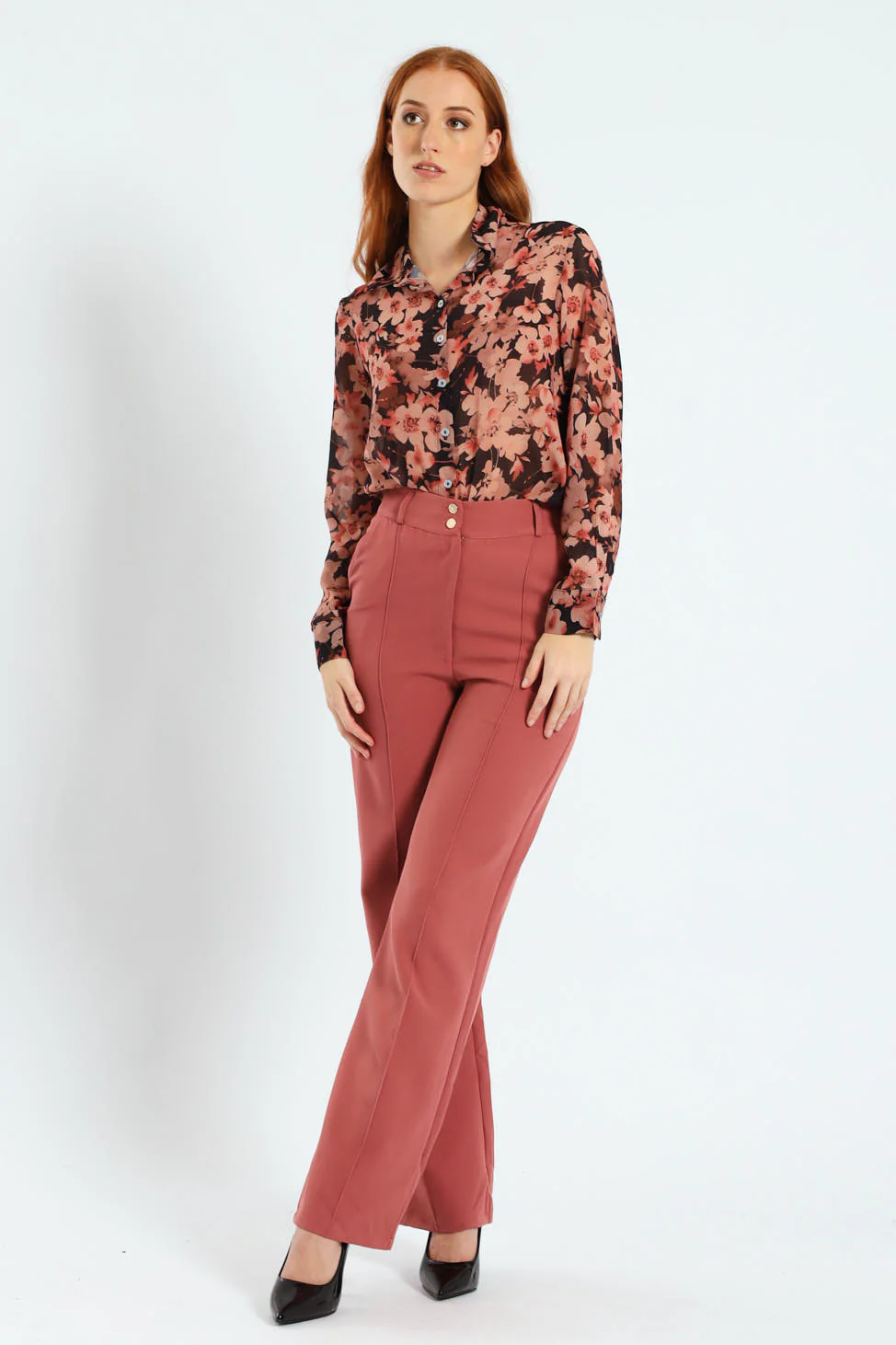 Double Button Pintuck Straight Leg Pants - Deco Rose - Image 5