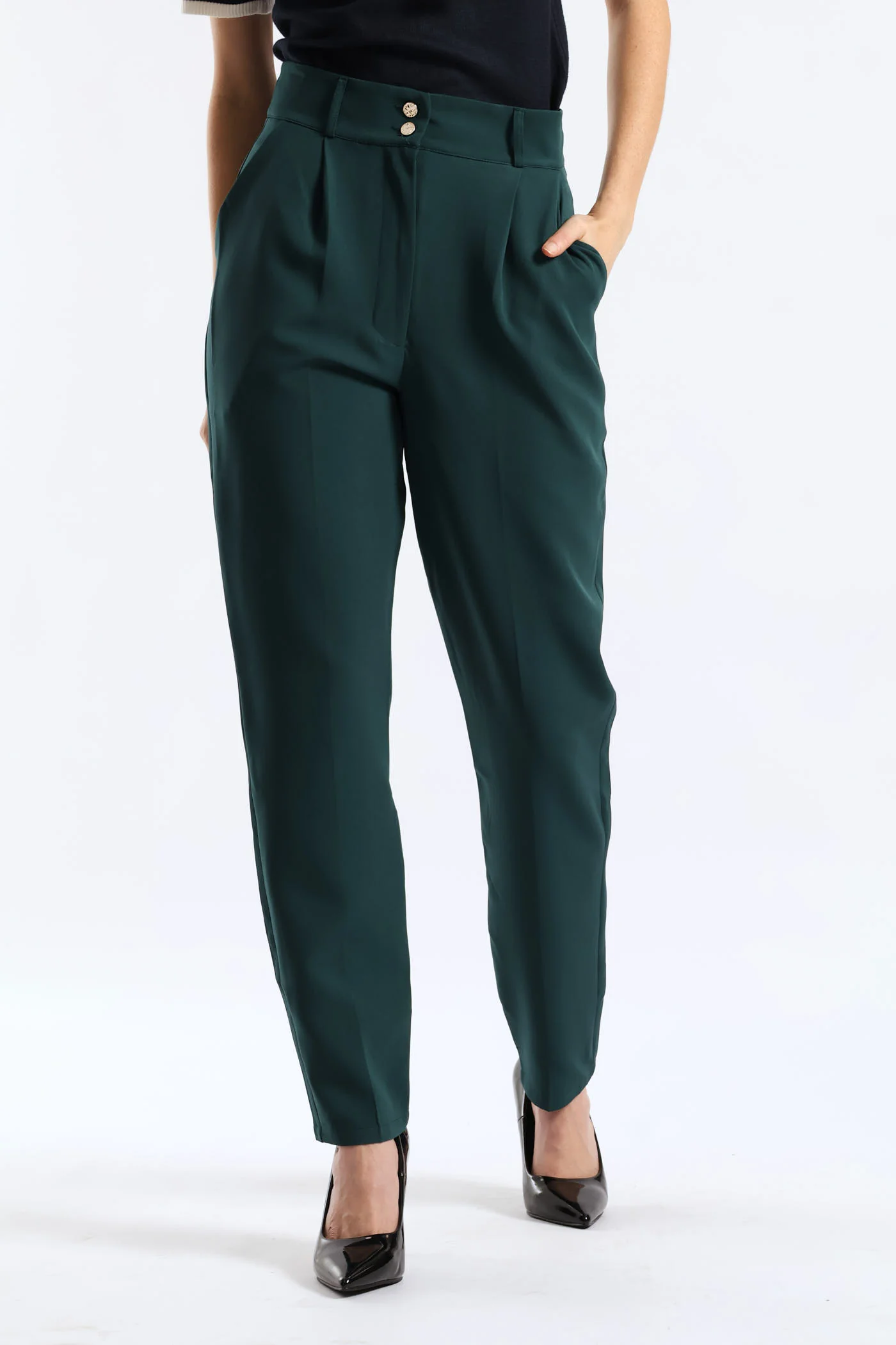 Double Button Slim Leg Pant - Bottle Green - Image 2