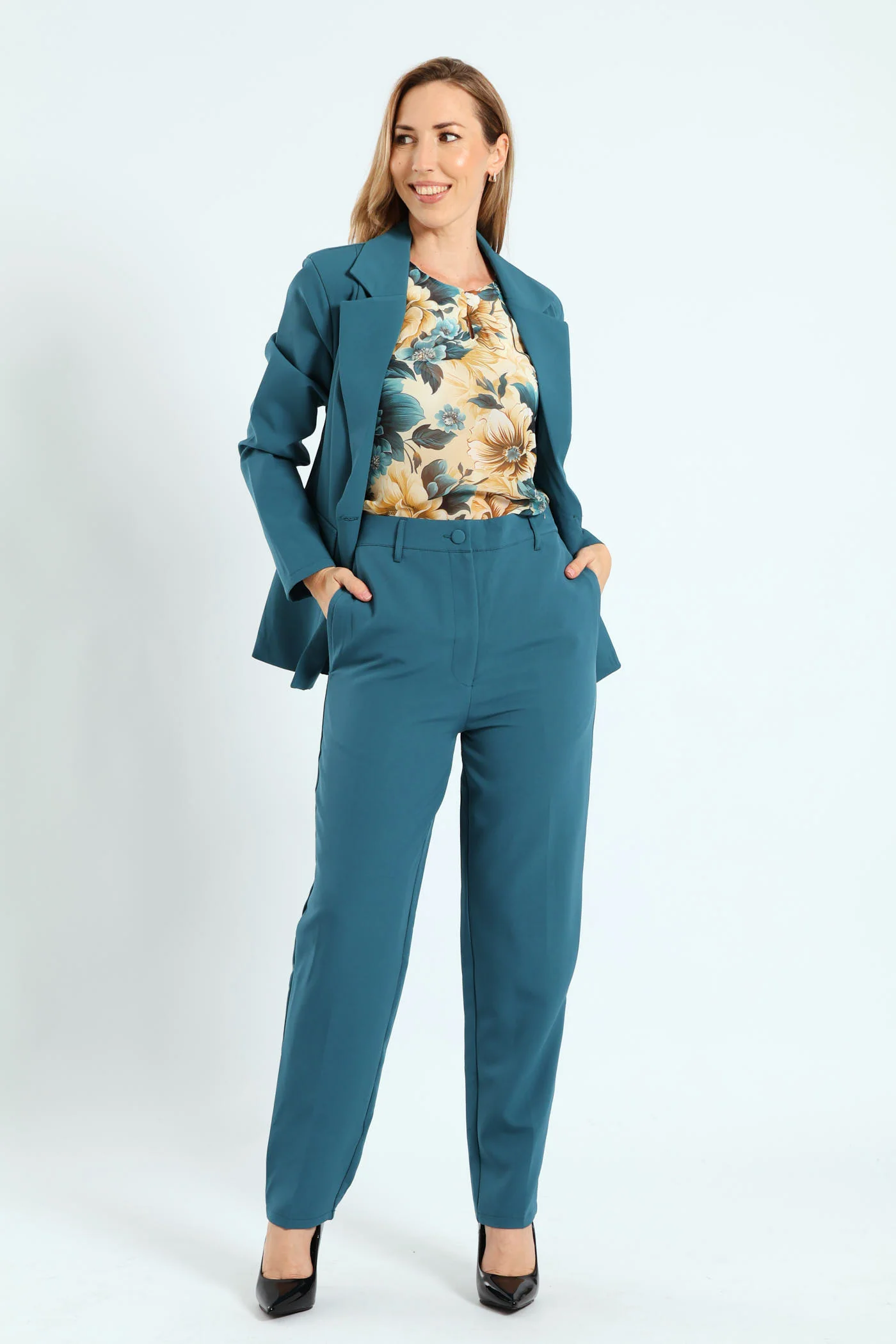 Double Button Welt Tapered Leg Pants - Teal - Image 2