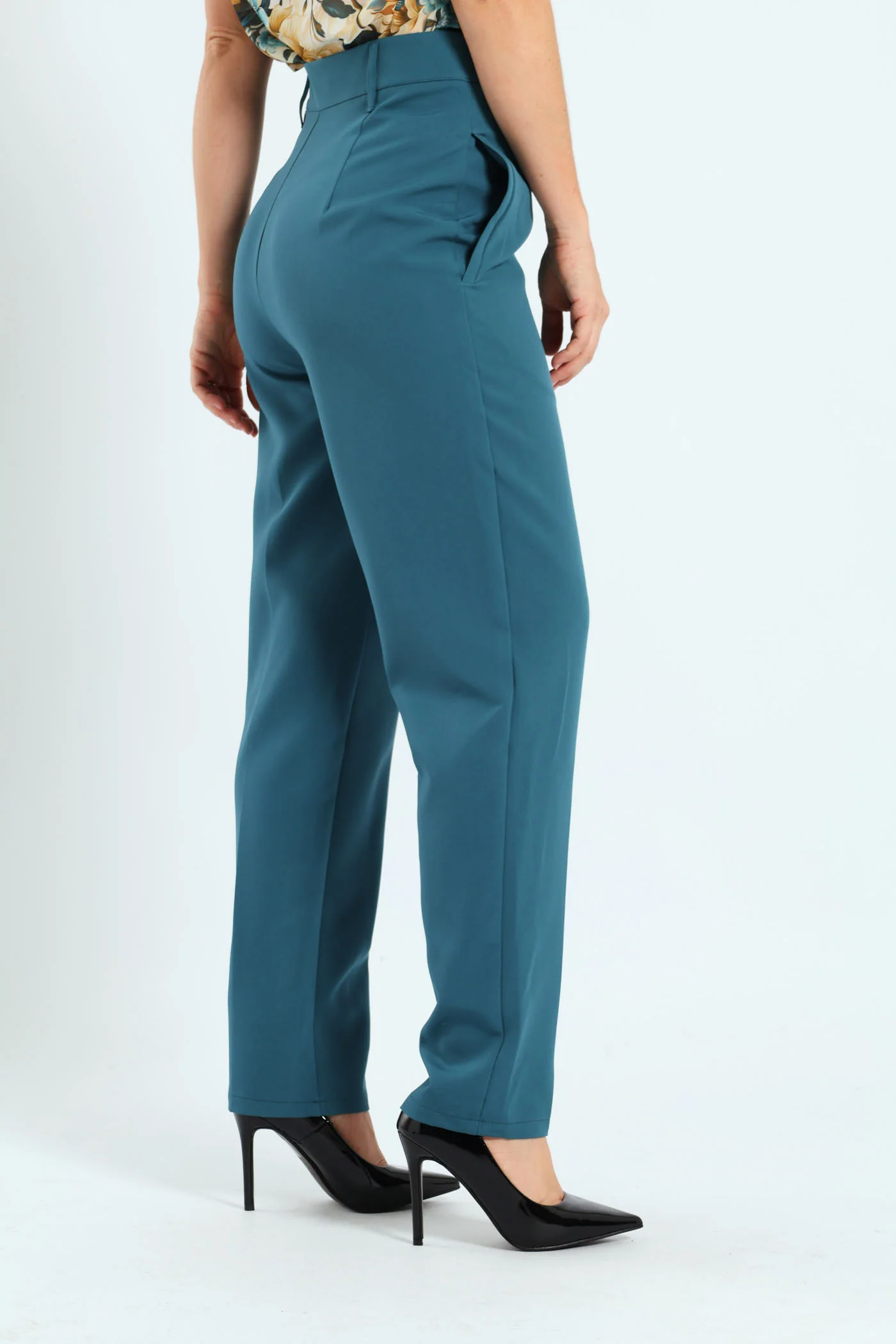 Double Button Welt Tapered Leg Pants - Teal - Image 3