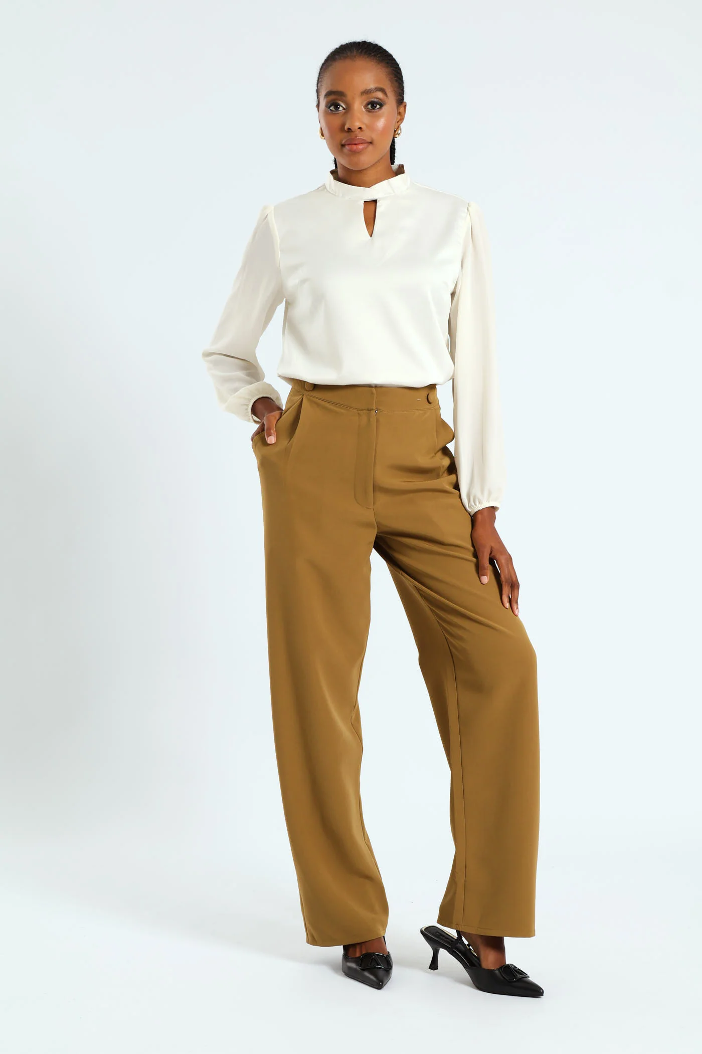 Double Button Wide Leg Pant - Olive - Image 2