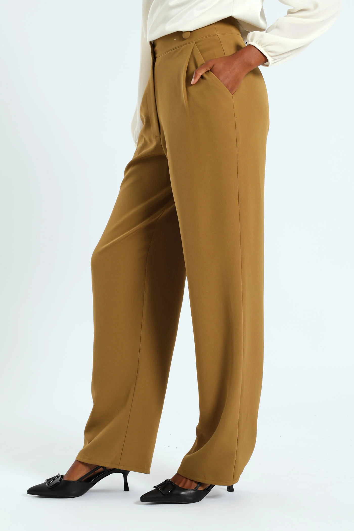 Double Button Wide Leg Pant - Olive - Image 3