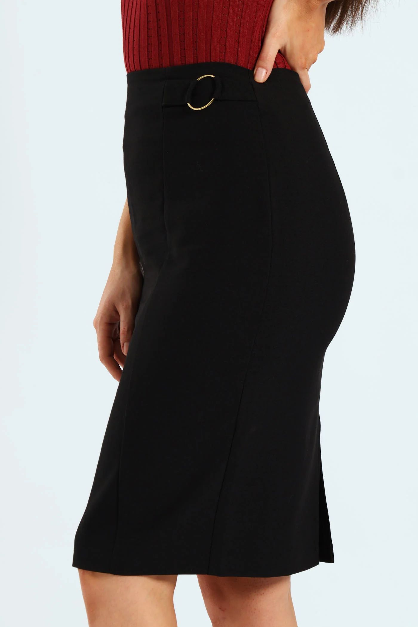 Double Button Work Pencil Skirt - Black - Image 4