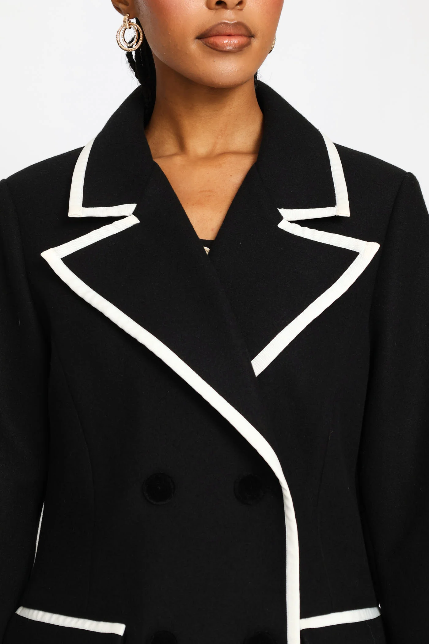 Double Constrast Tipped Melton Coat - Black/Cream - Image 2
