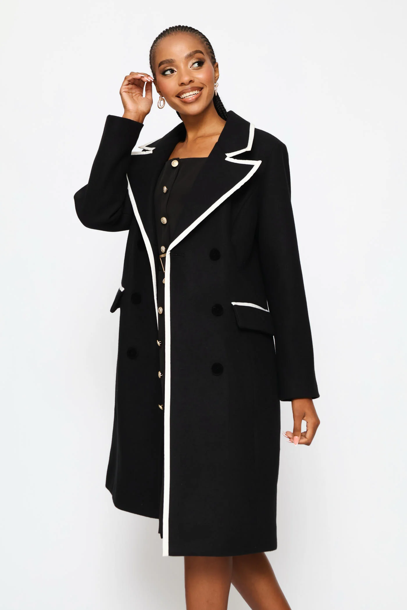 Double Constrast Tipped Melton Coat - Black/Cream - Image 4