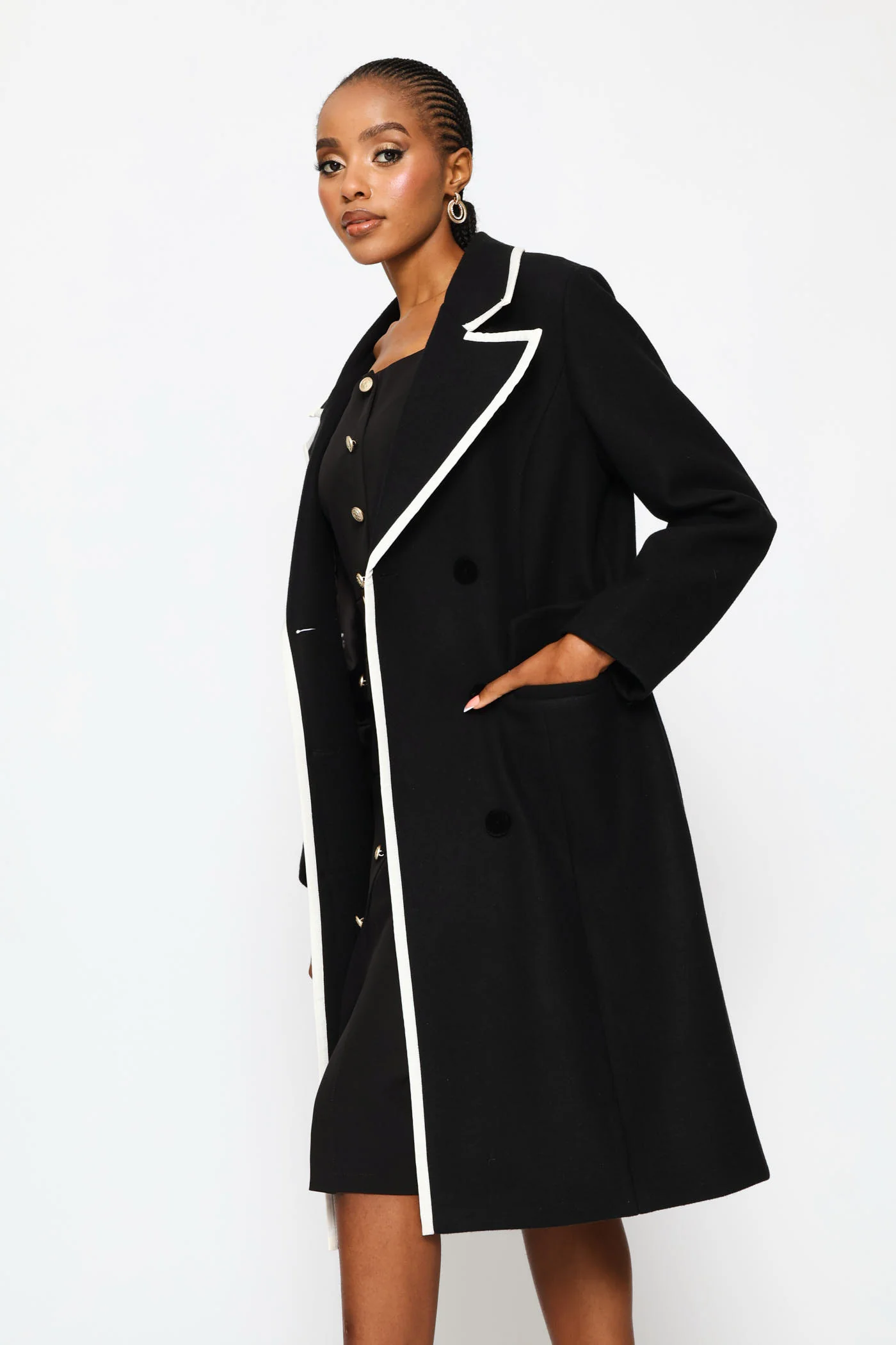 Double Constrast Tipped Melton Coat - Black/Cream - Image 6