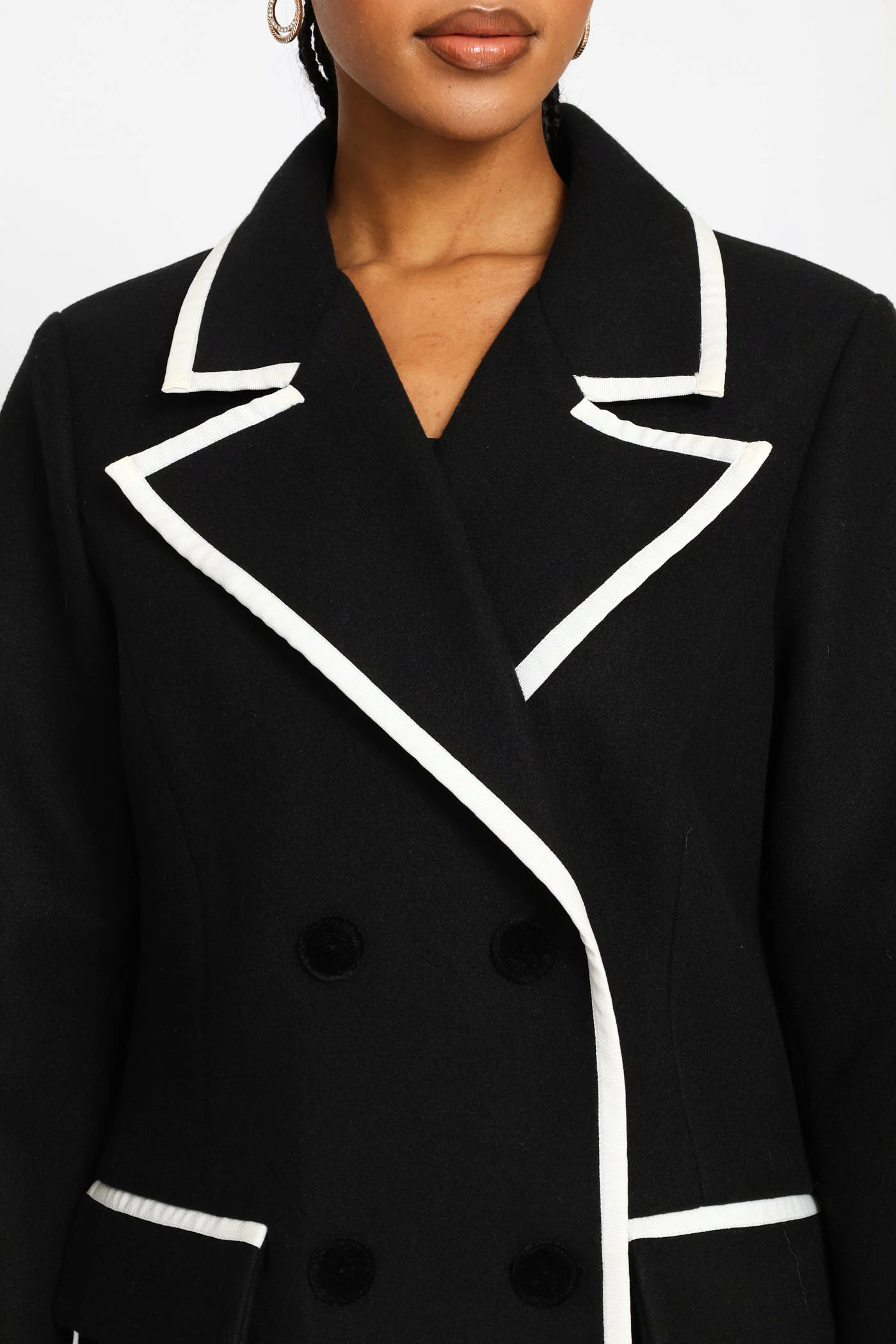 Double Constrast Tipped Melton Coat - Black/Cream - Image 7