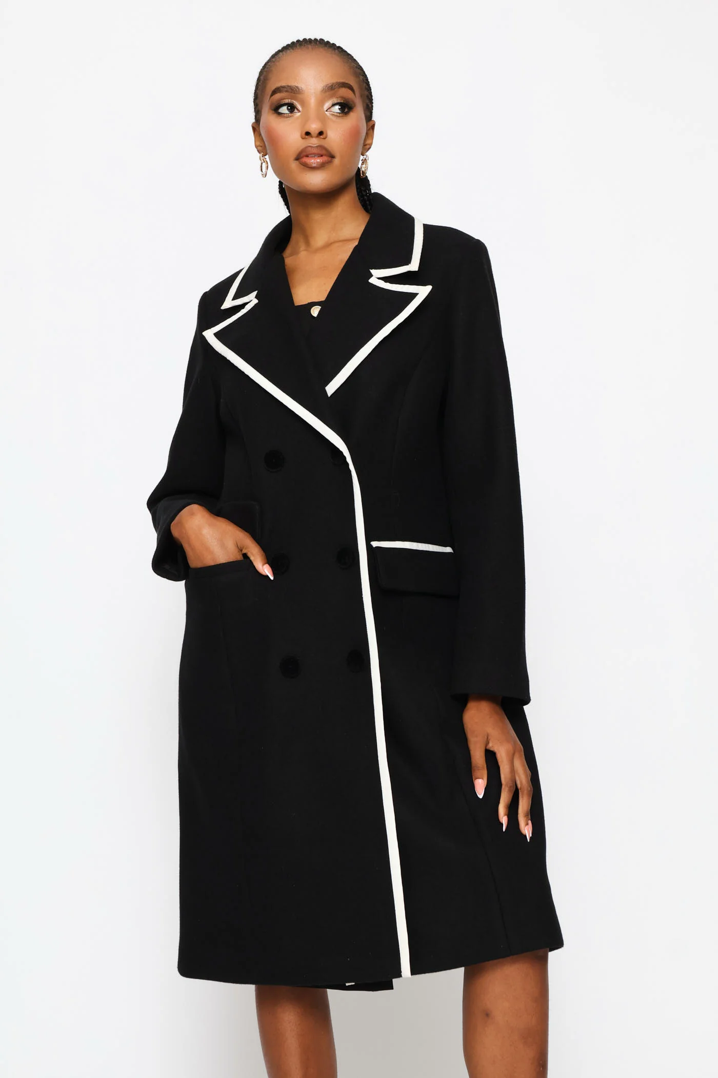 Double Constrast Tipped Melton Coat - Black/Cream - Image 8