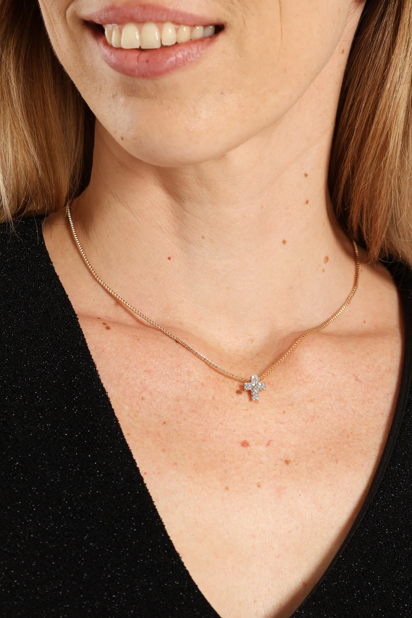 Double Diamante Cross Chain Necklace - Gold - Image 2