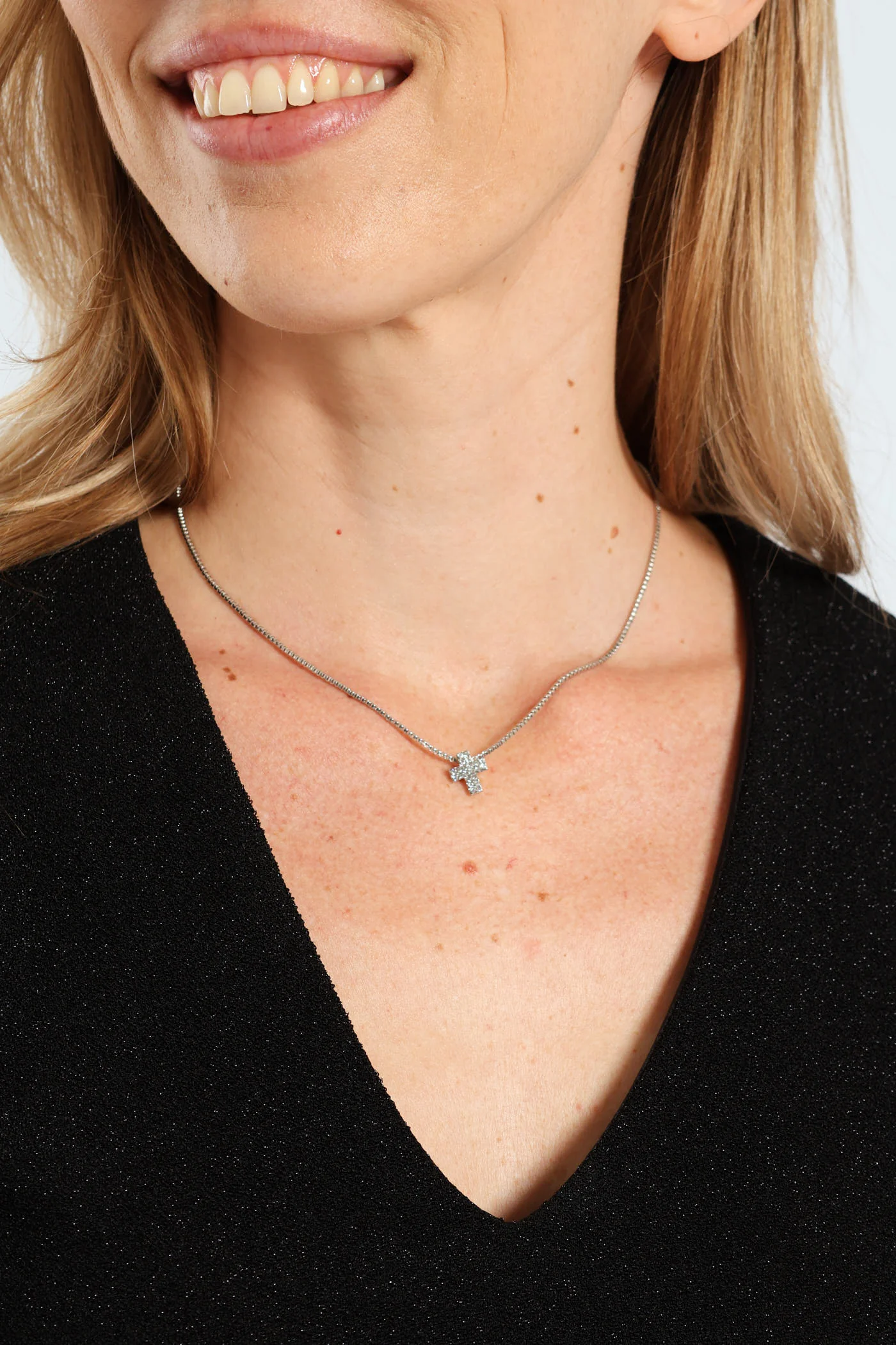 Double Diamante Cross Chain Necklace - Silver - Image 2