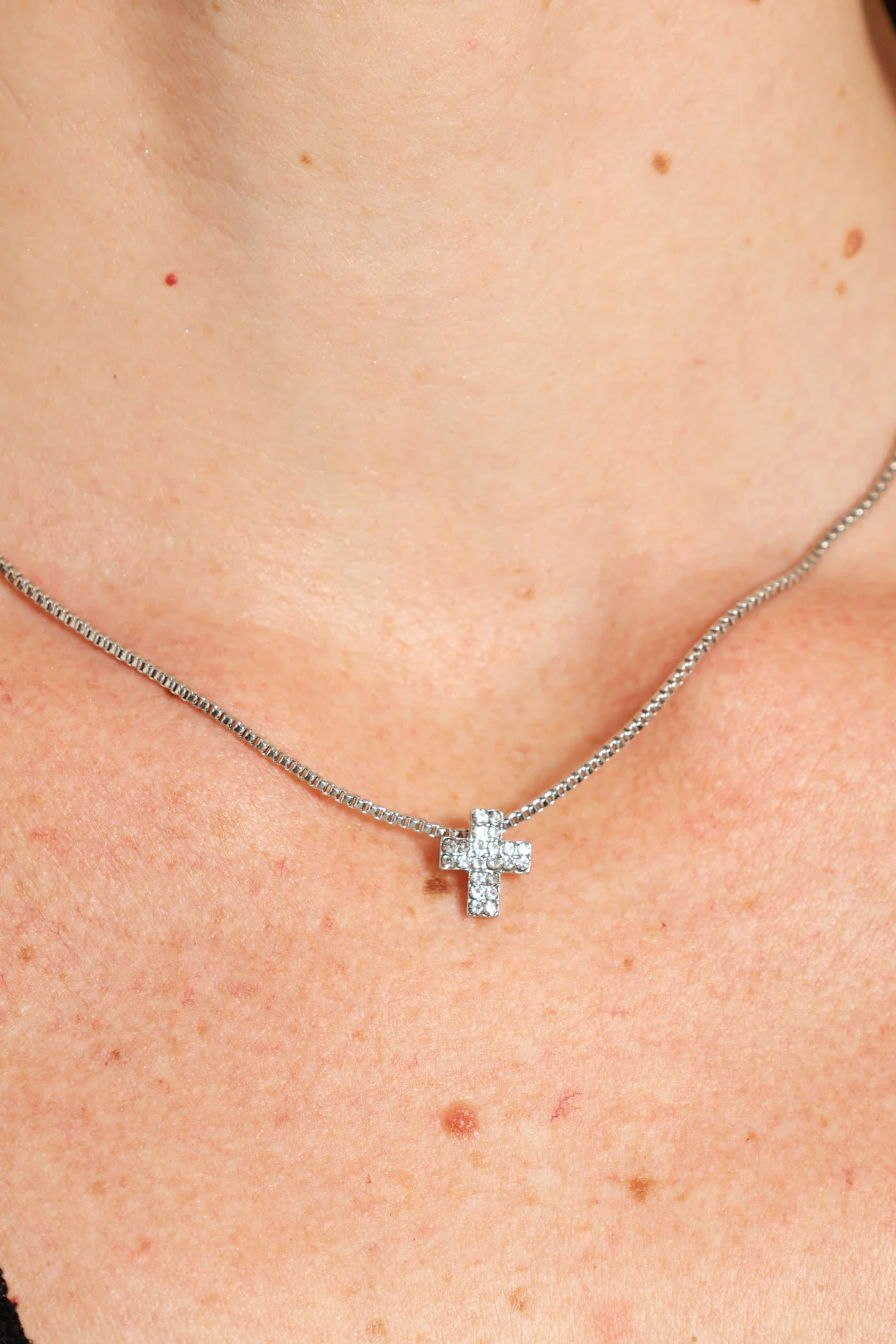 Double Diamante Cross Chain Necklace - Silver - Image 3