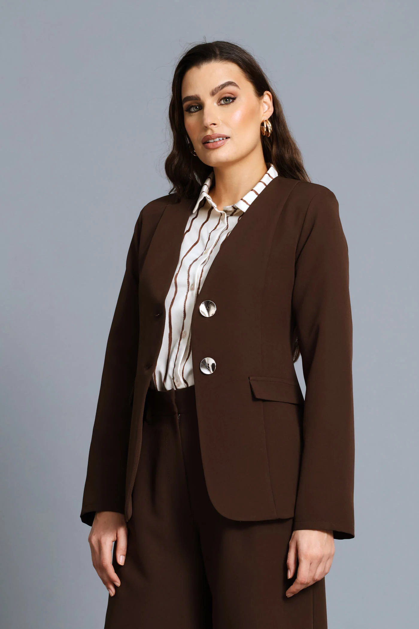Double Fancy Button Blazer - Chocolate - Image 2