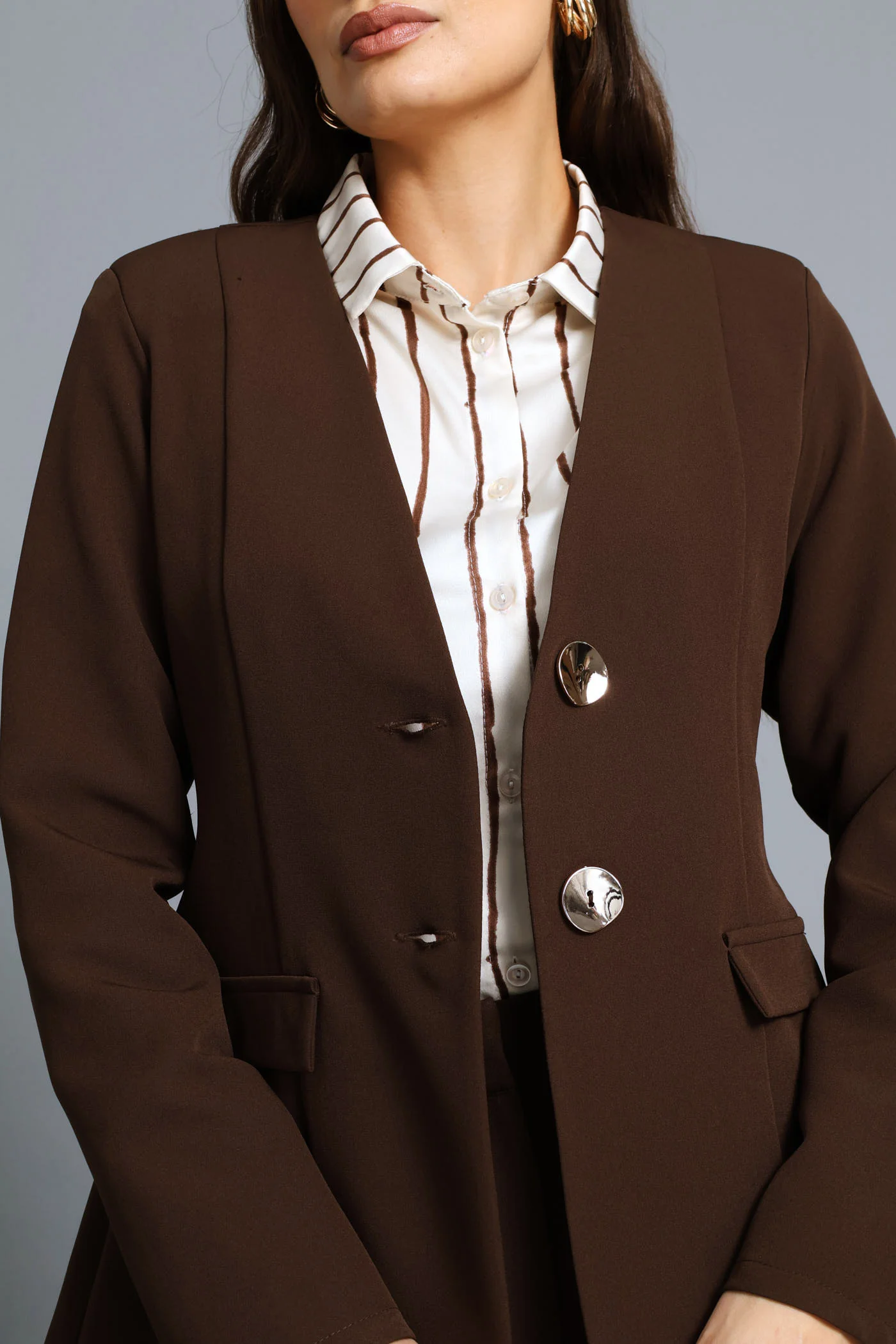 Double Fancy Button Blazer - Chocolate - Image 3