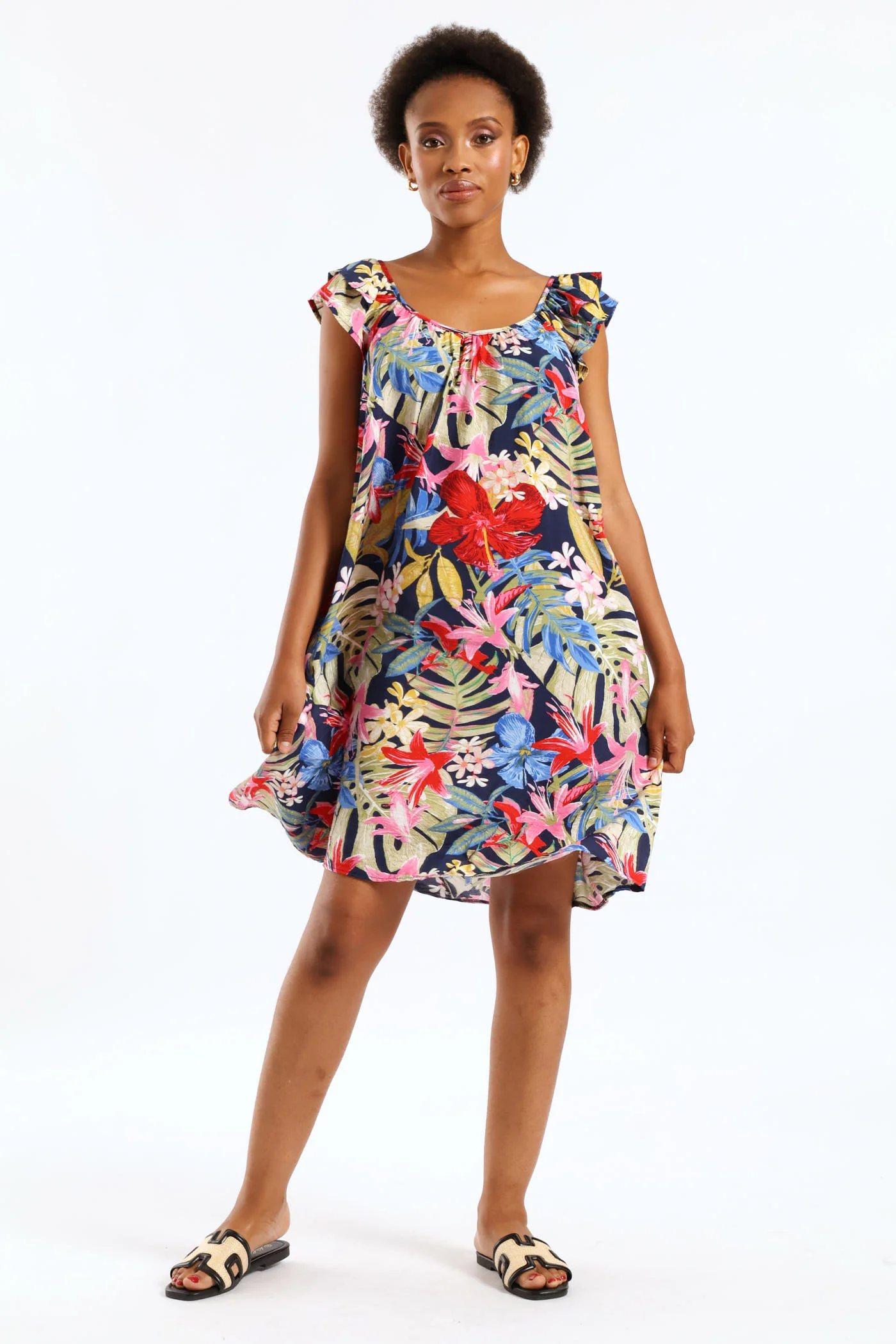 Double Frill Sleeve Babydoll Shift Mini Dress - Multi - Image 3