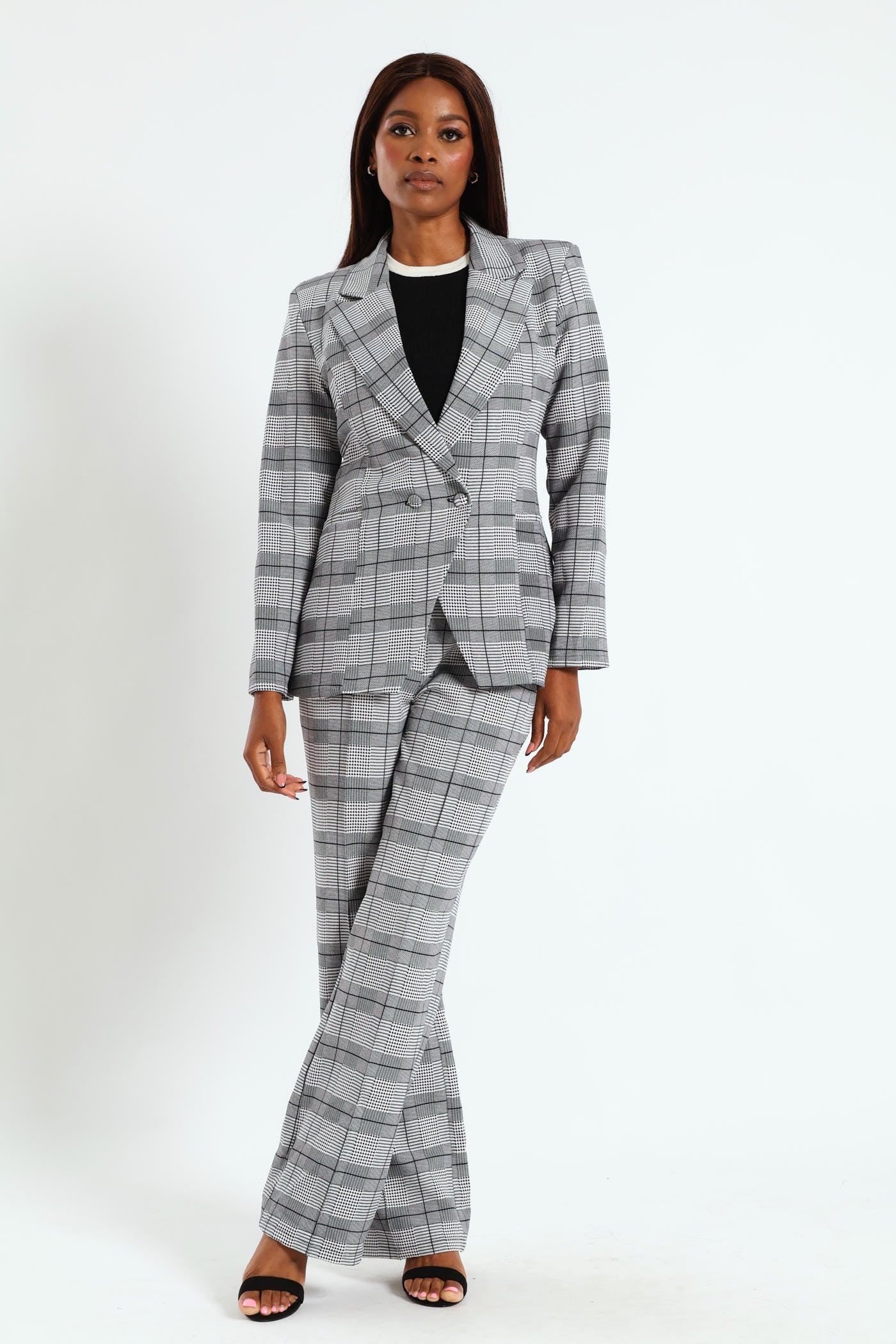 Double Houndstooth Check Blazer - Grey - Image 2
