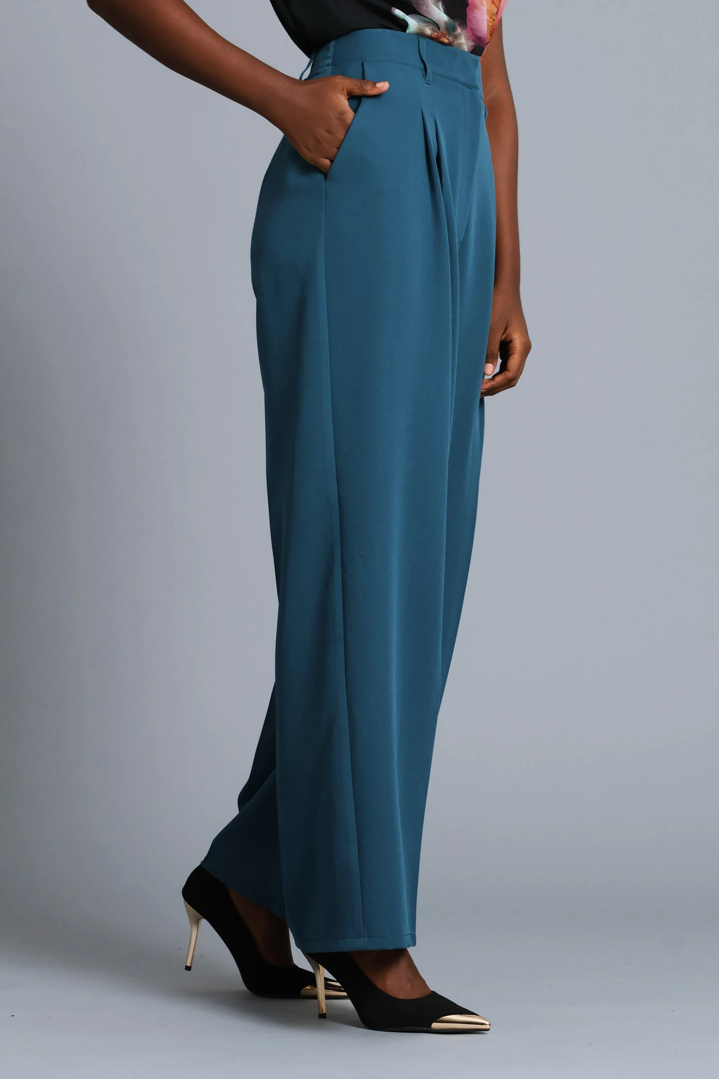 Double Pleat Wide Leg Pant - Teal - Image 3