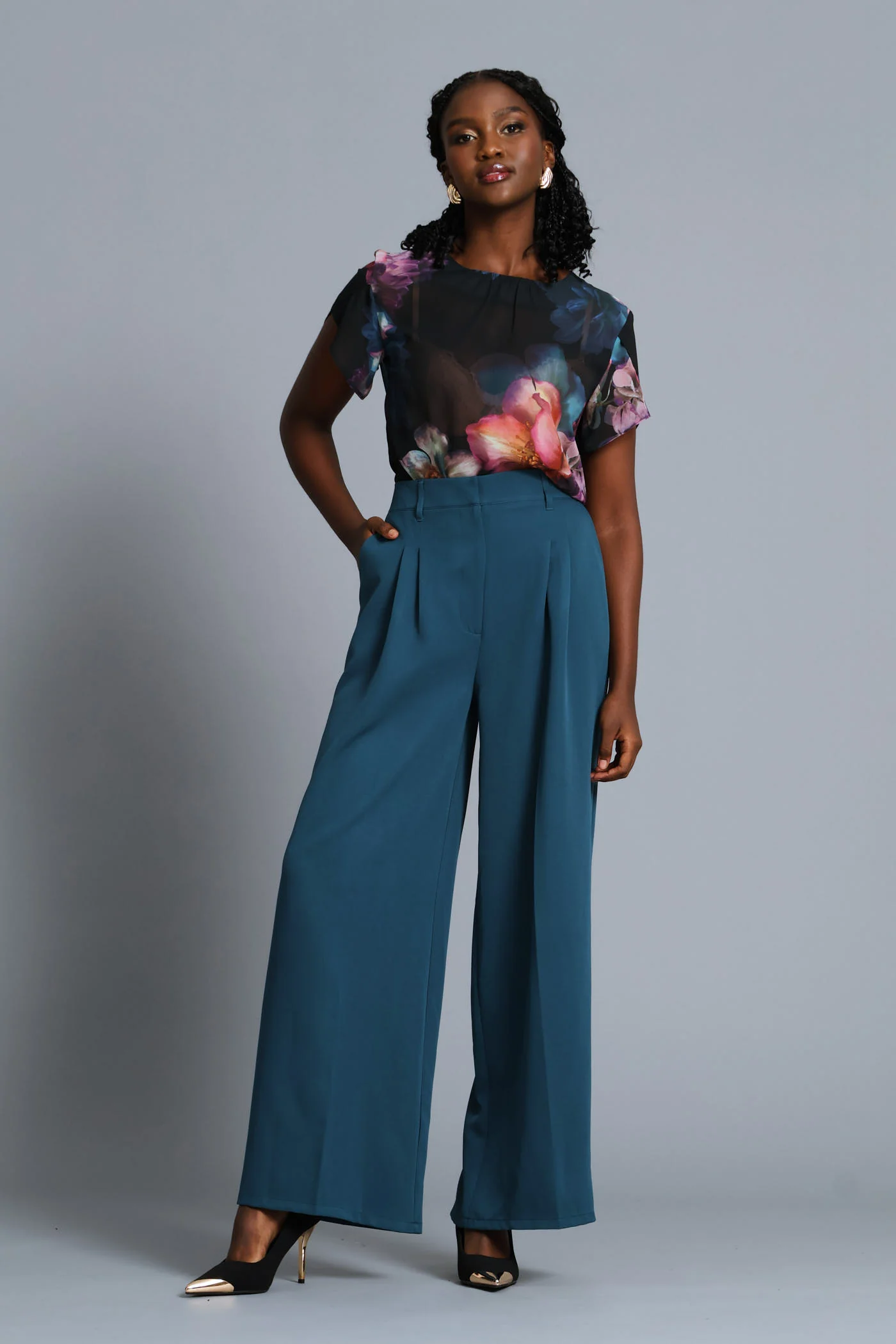 Double Pleat Wide Leg Pant - Teal - Image 6