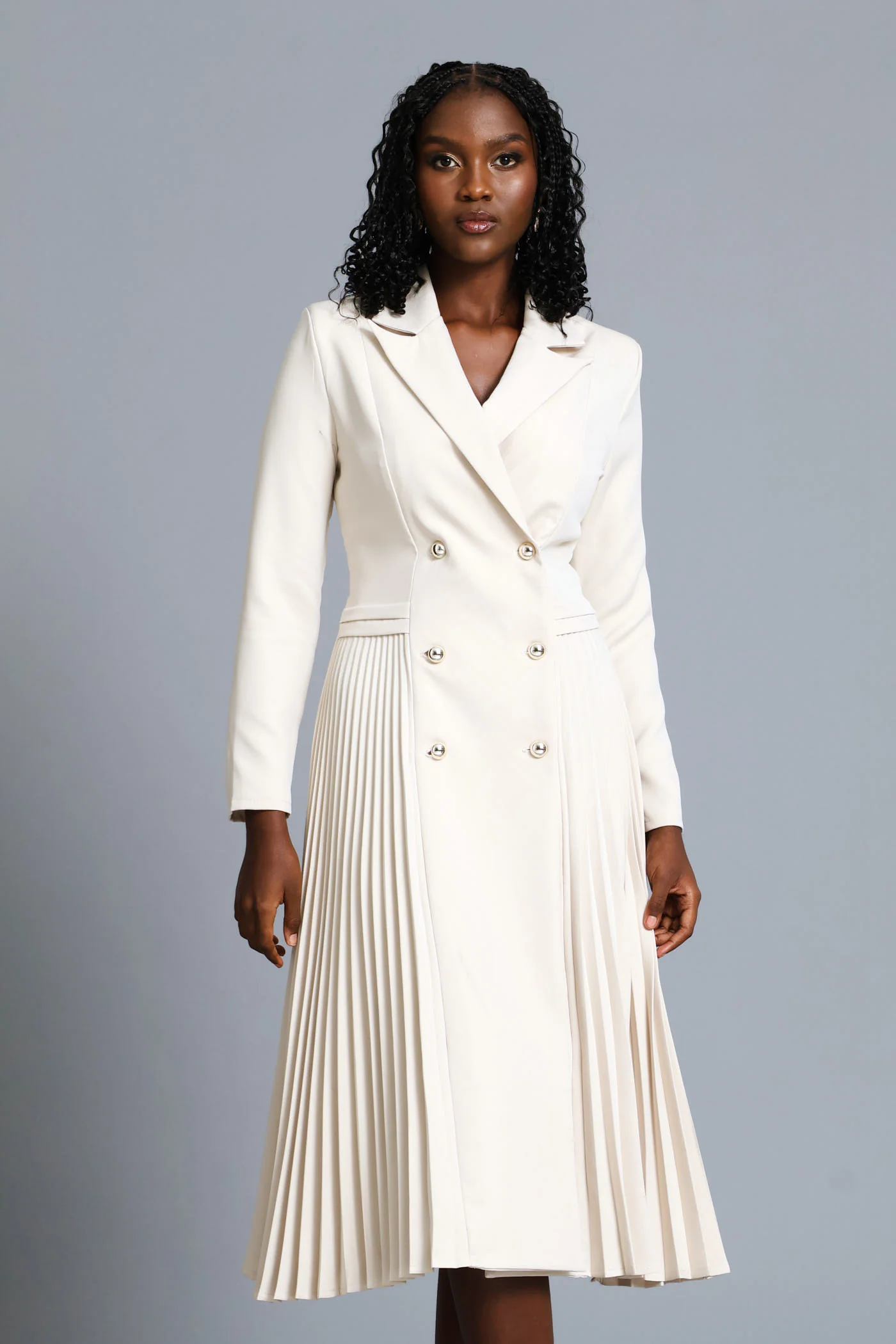 Double Pleated Midi Dress - Cream - Image 3