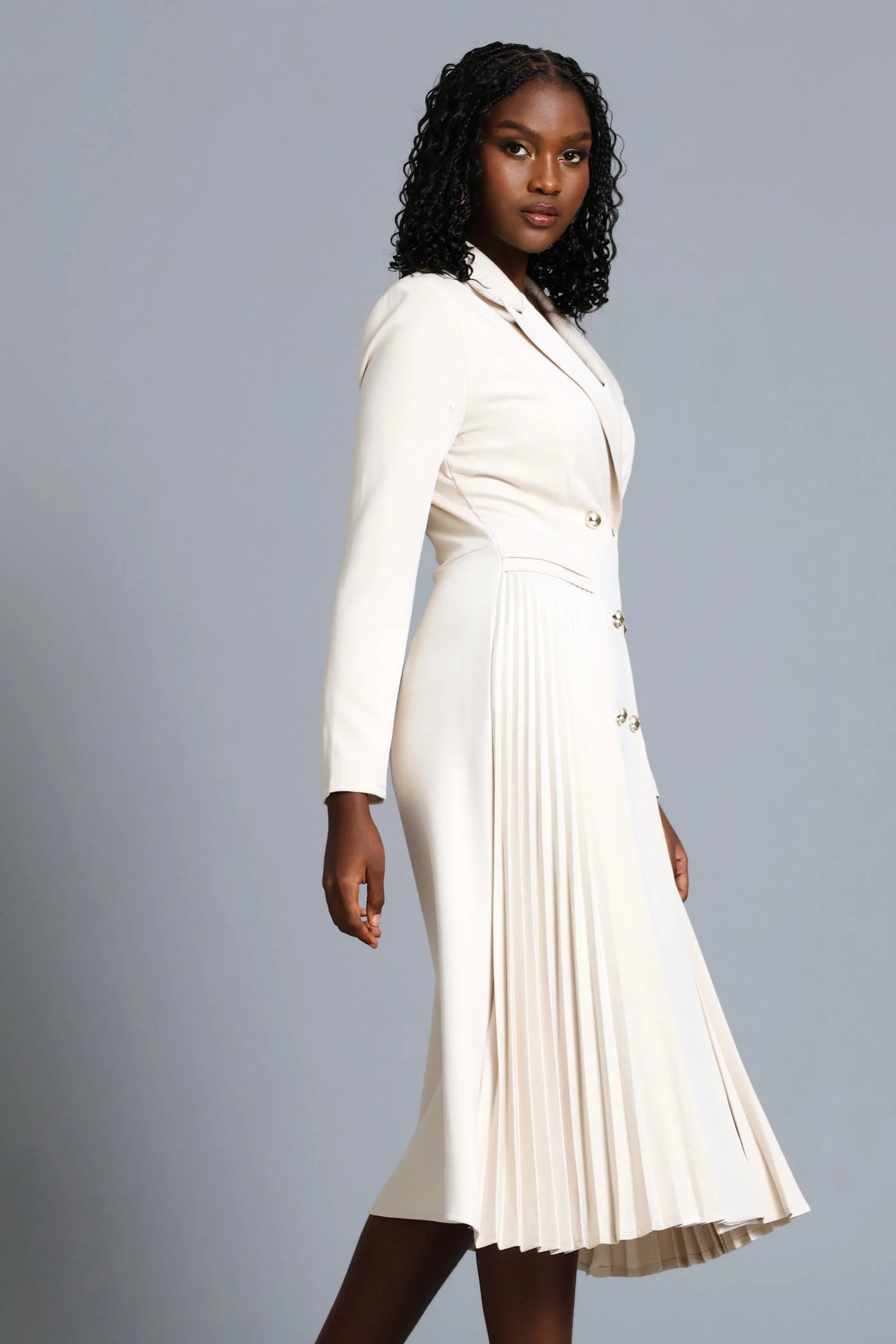 Double Pleated Midi Dress - Cream - Image 4