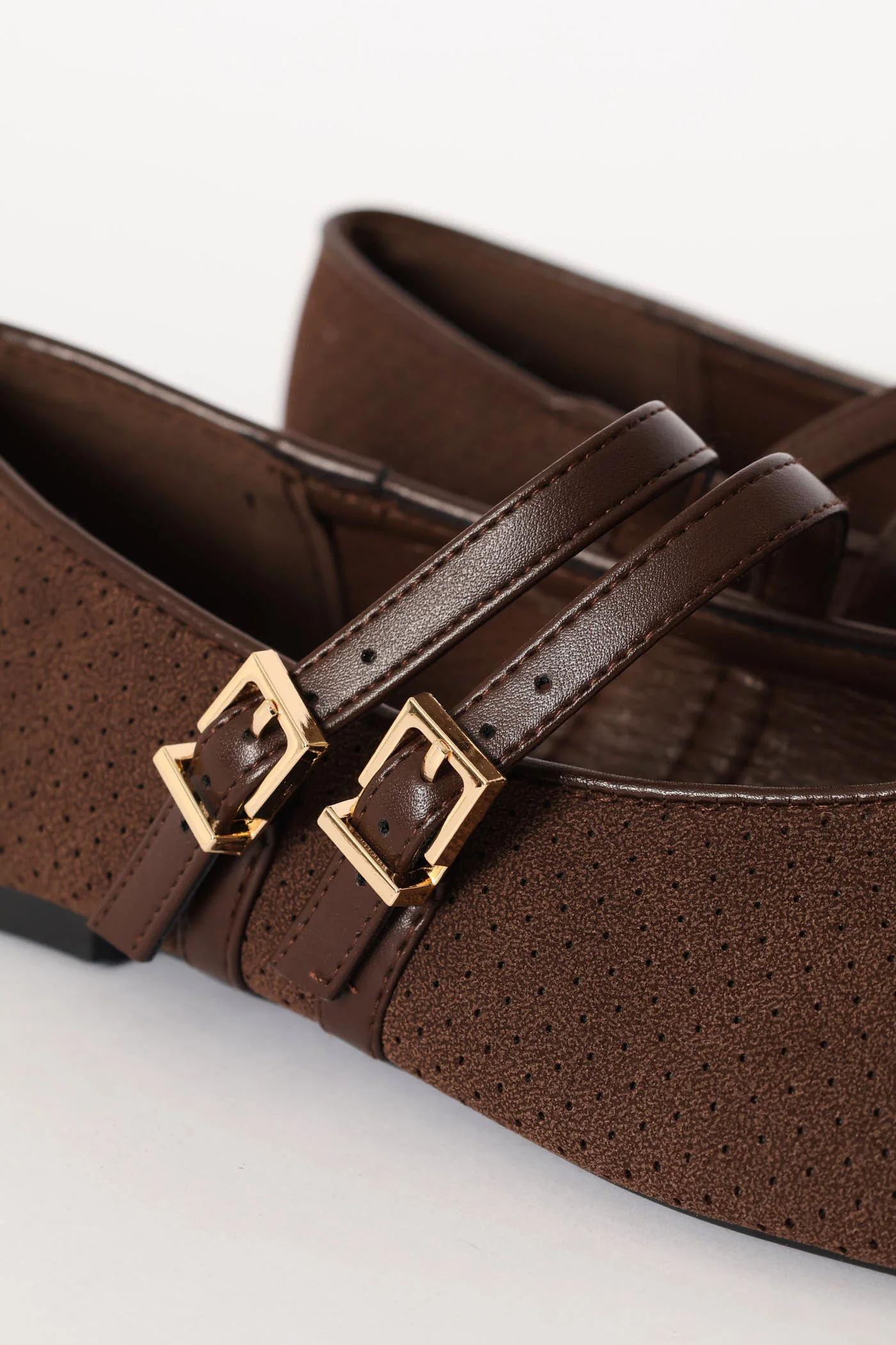 Double Strap Microfibre Lazer Cut Pump - Chocolate - Image 2