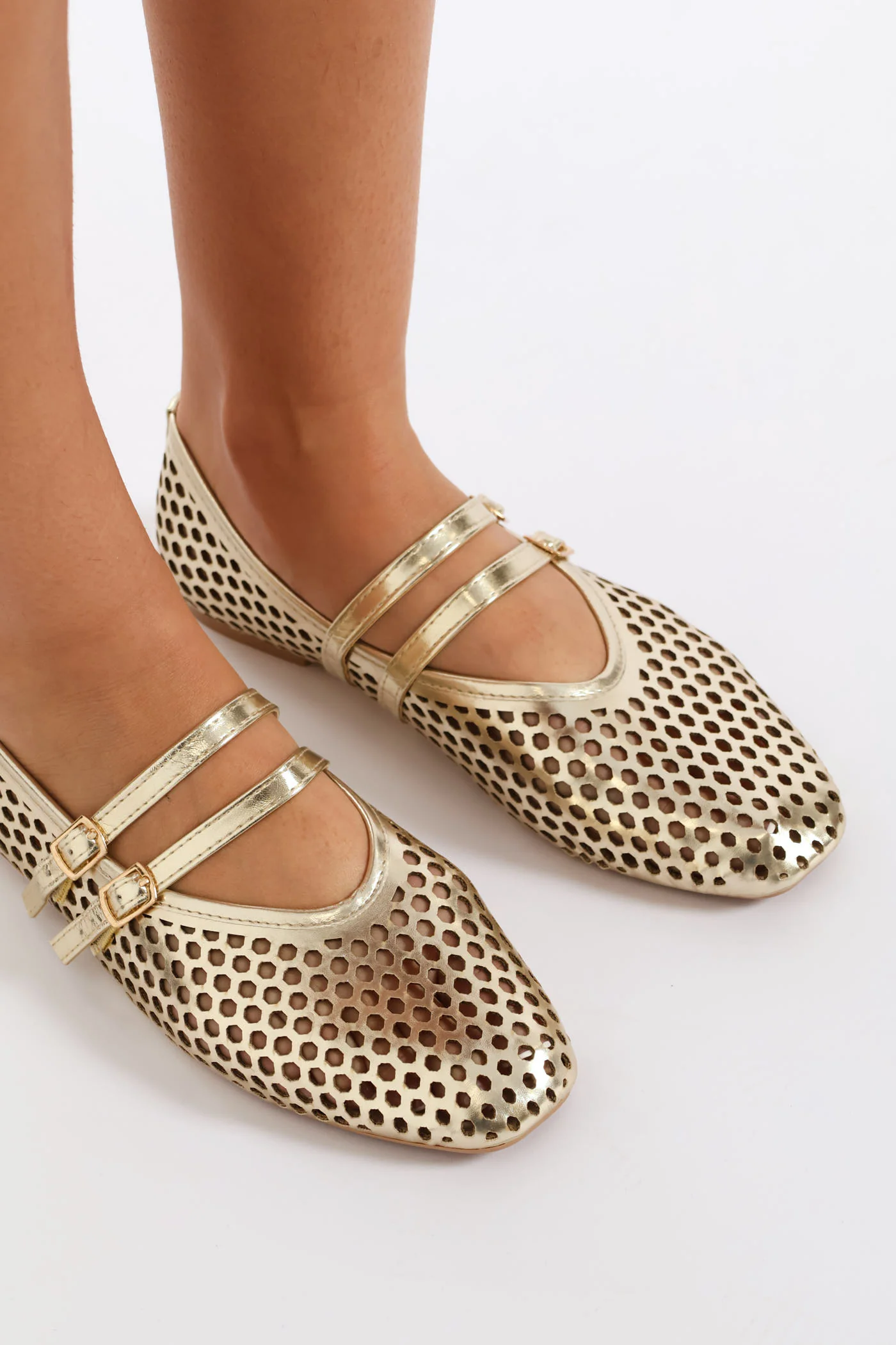 Double Strap Pu Lasercut Maryjane Pump - Gold - Image 2