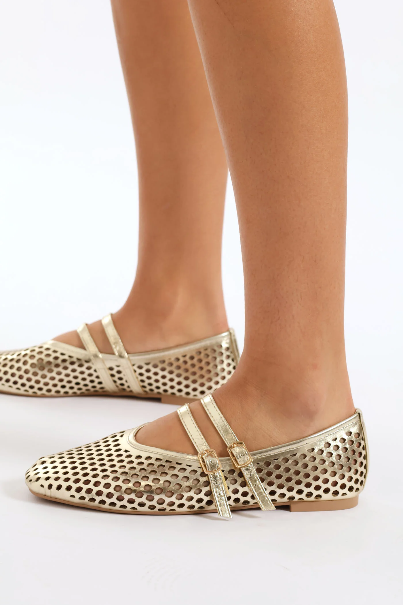 Double Strap Pu Lasercut Maryjane Pump - Gold - Image 4