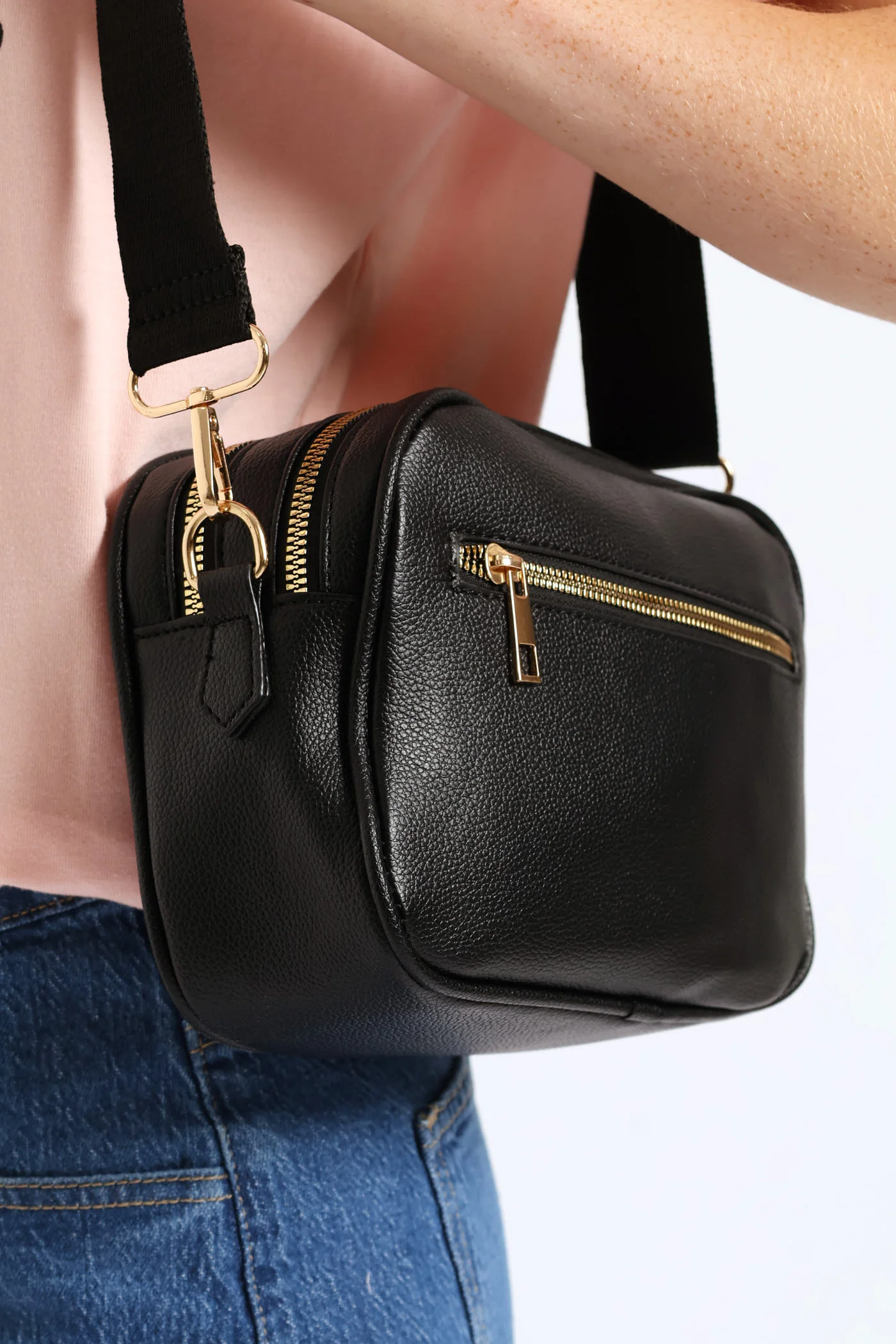 Double Top Zip Webbing Strap Camera Bag - Black - Image 3