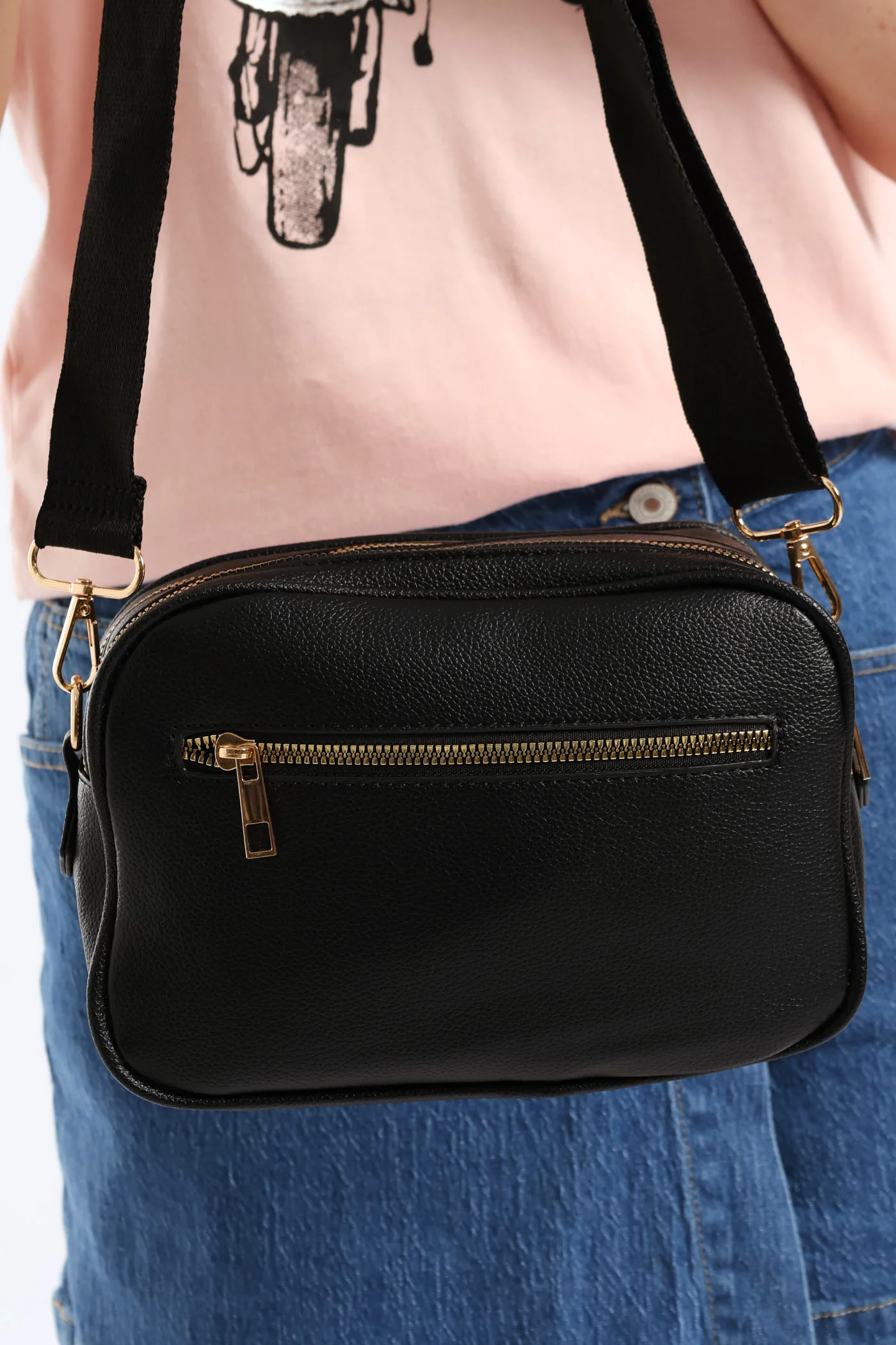 Double Top Zip Webbing Strap Camera Bag - Black - Image 6