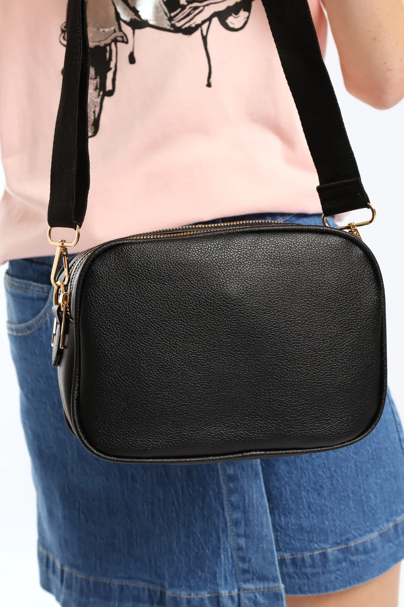 Double Top Zip Webbing Strap Camera Bag - Black - Image 7