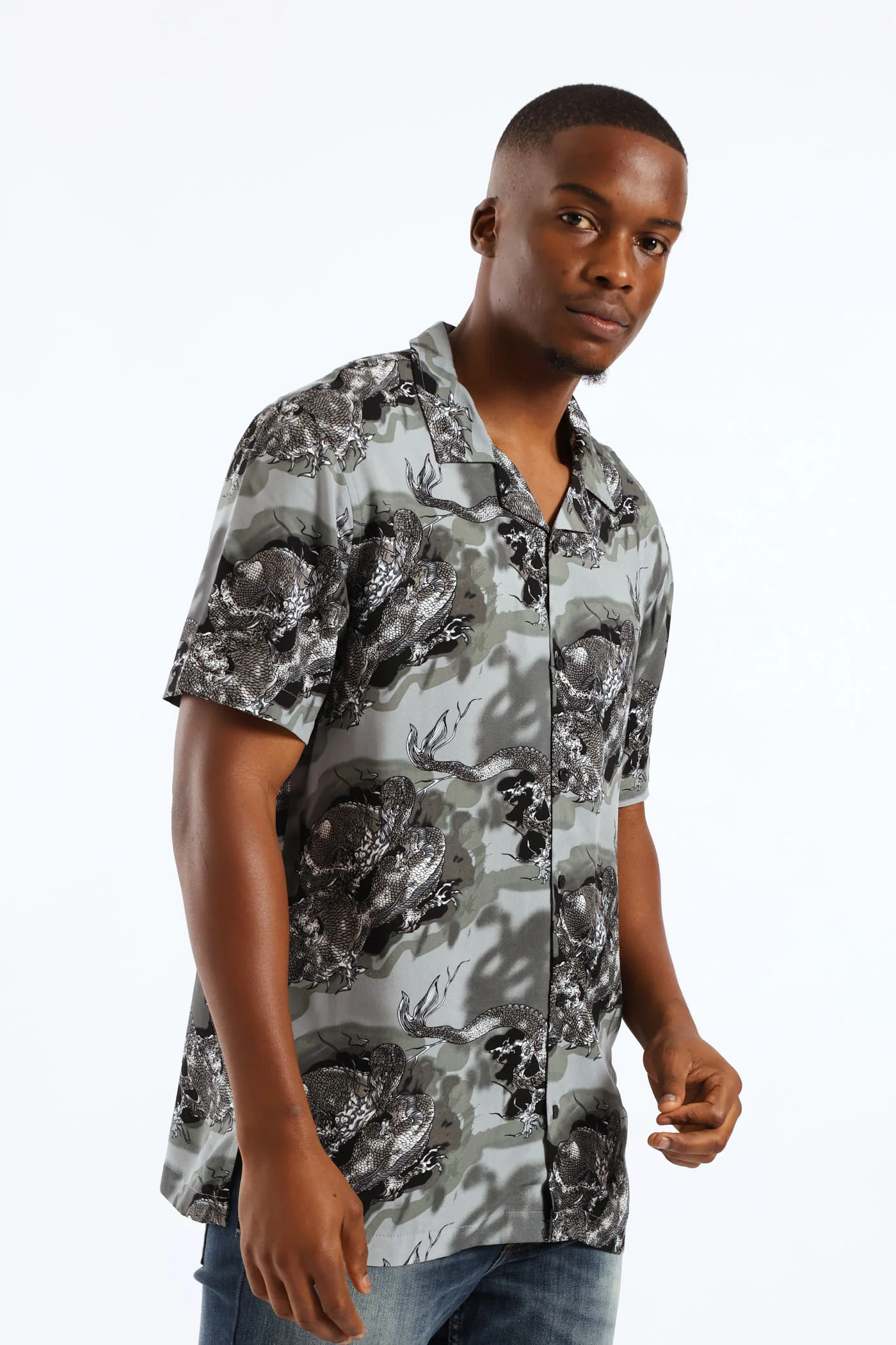 Dragon Print Viscose Shirt - Dark Grey - Image 2