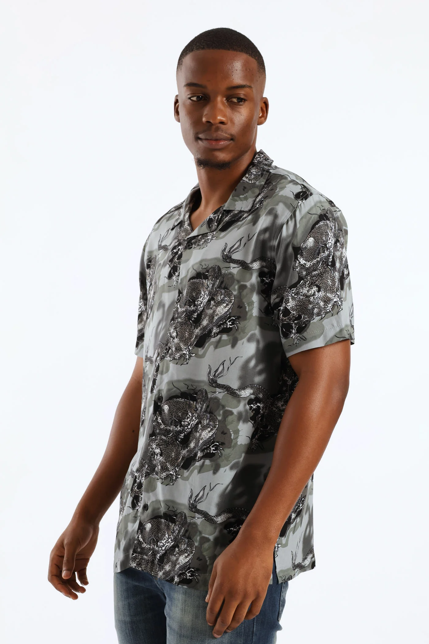 Dragon Print Viscose Shirt - Dark Grey - Image 3