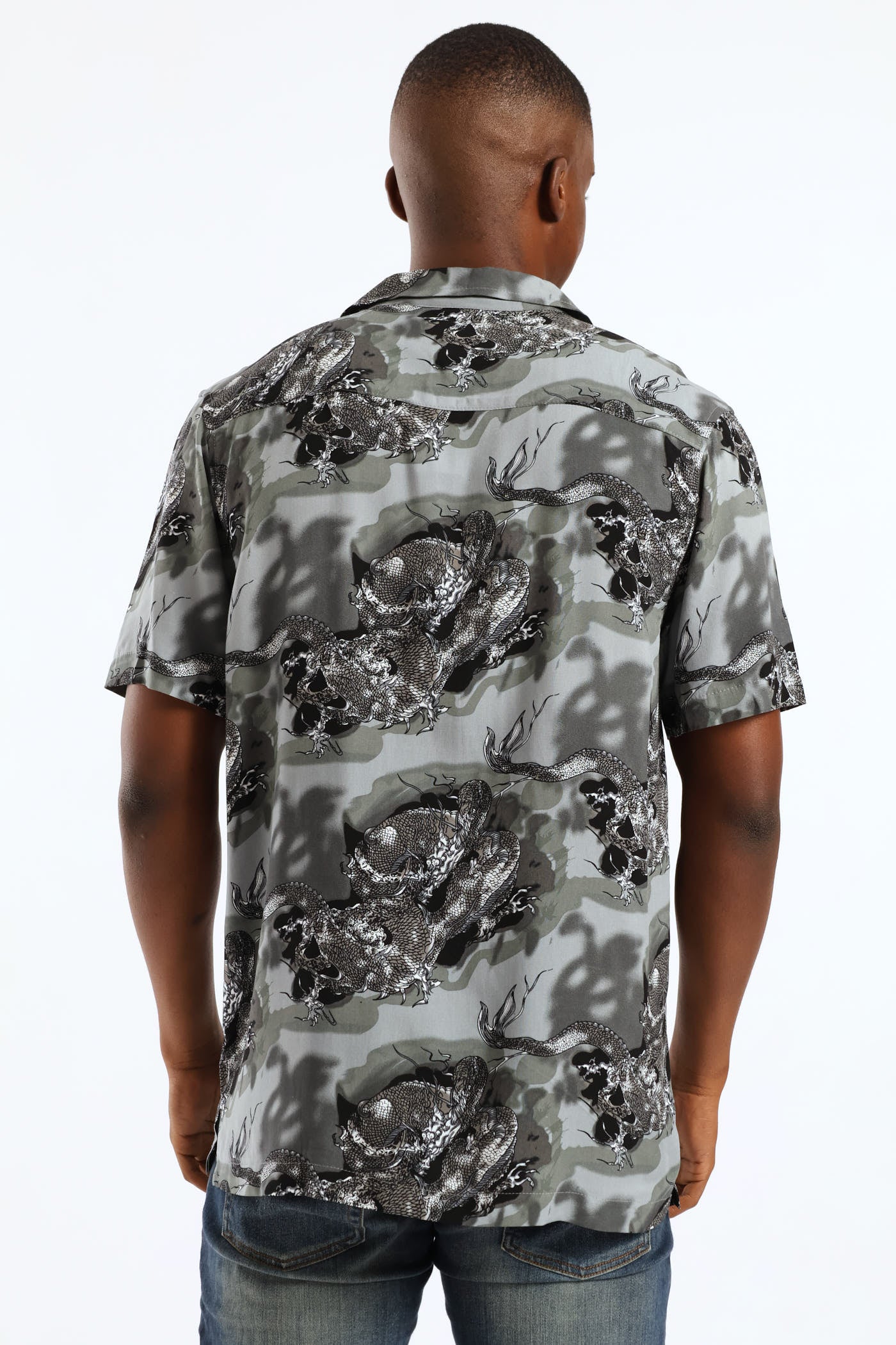Dragon Print Viscose Shirt - Dark Grey - Image 4
