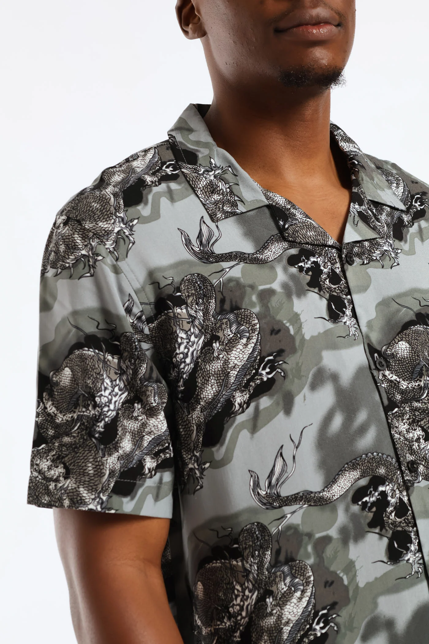 Dragon Print Viscose Shirt - Dark Grey - Image 5