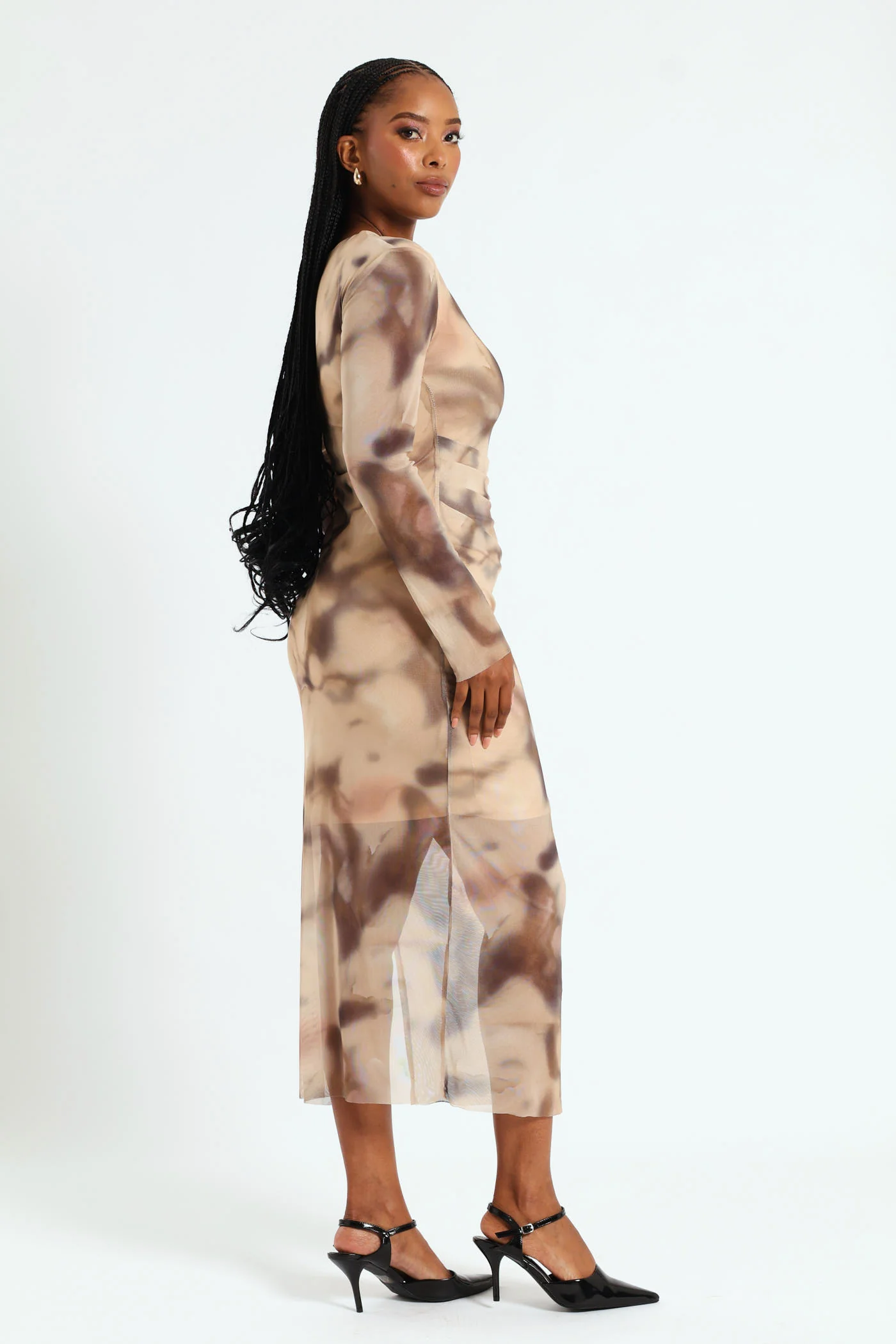 Drape Detail Mesh Midi Dress - Cream - Image 2