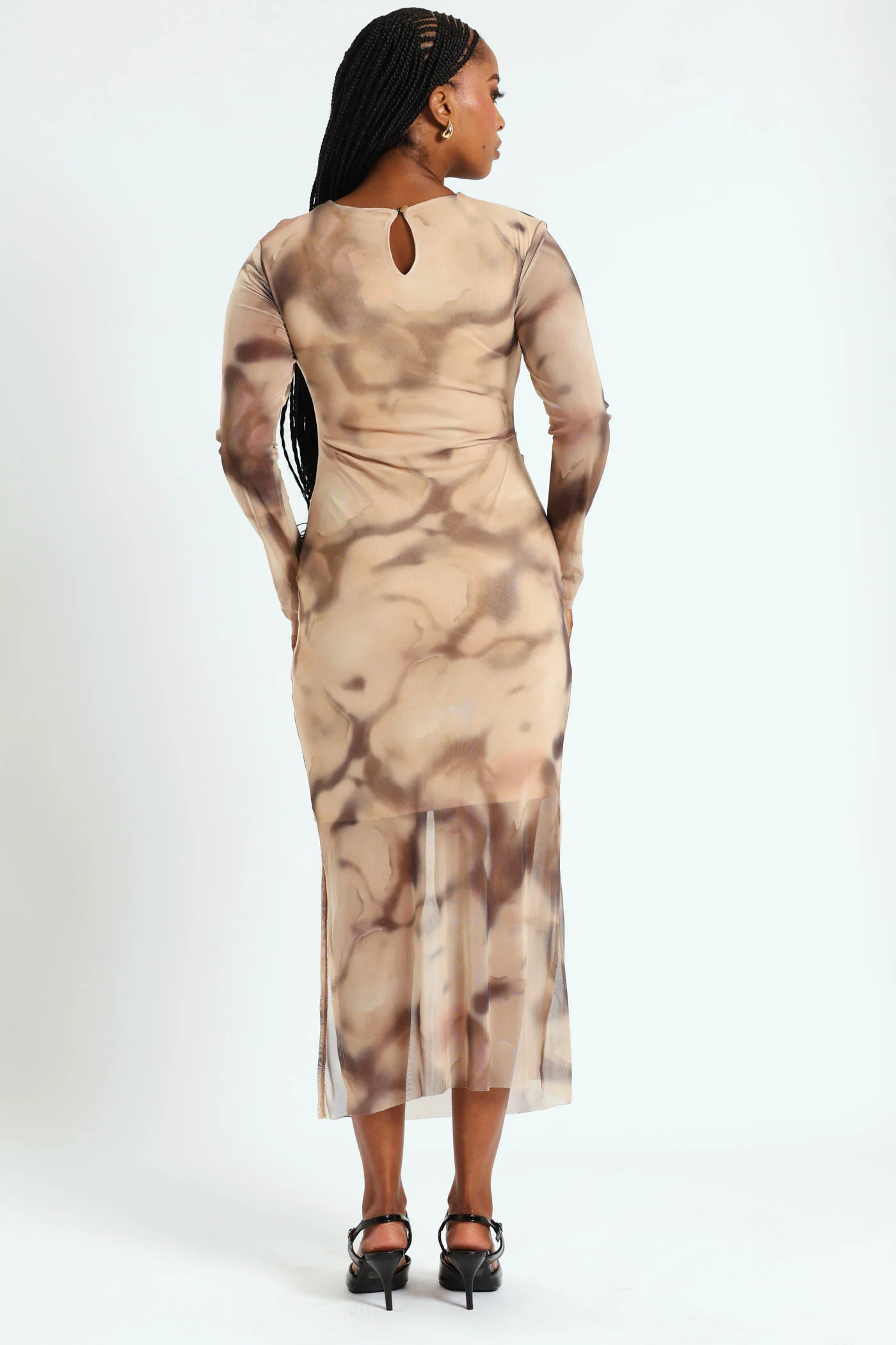 Drape Detail Mesh Midi Dress - Cream - Image 3