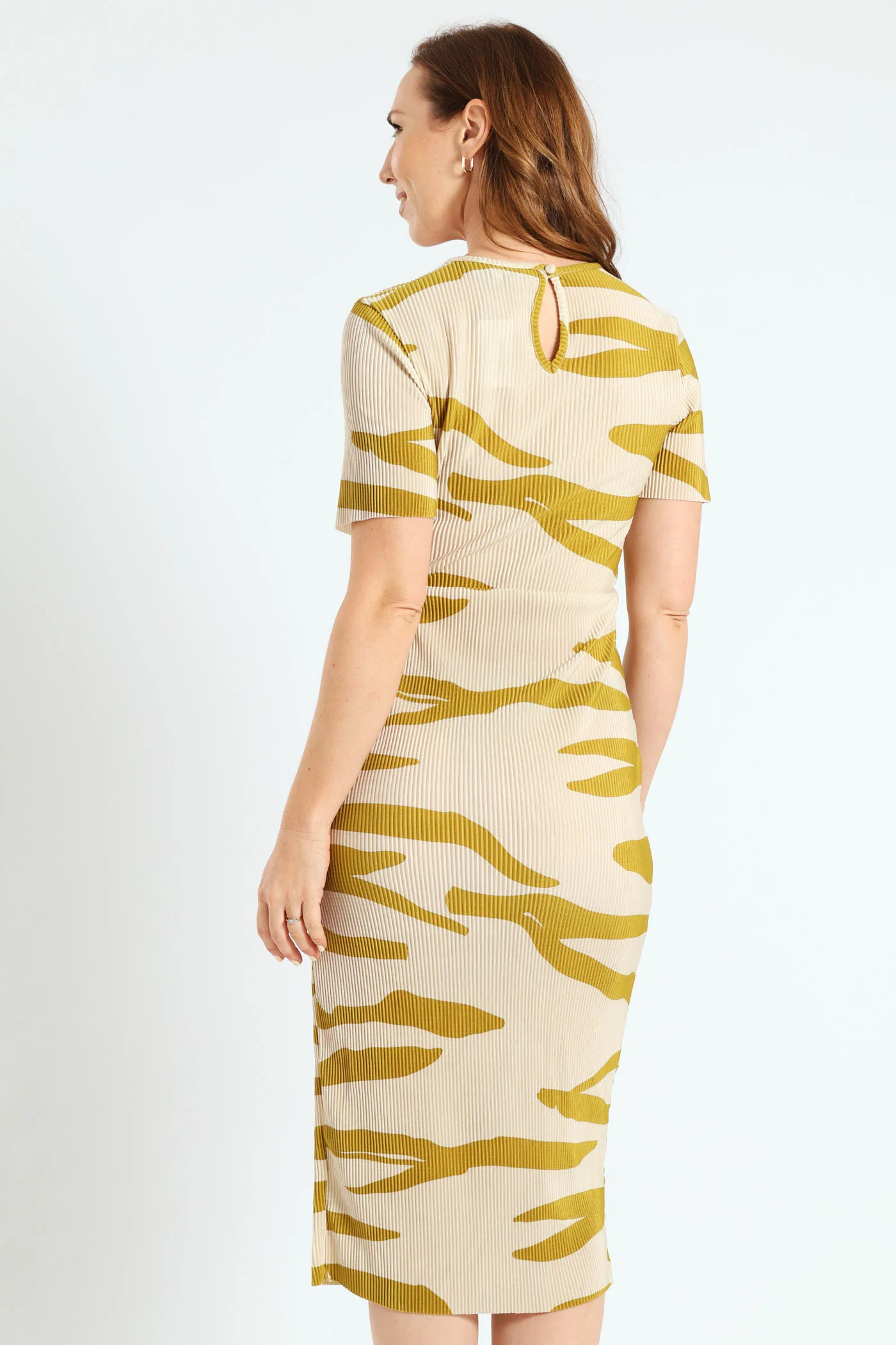 Drape Detail Plisse Midi Dress - Cream - Image 4