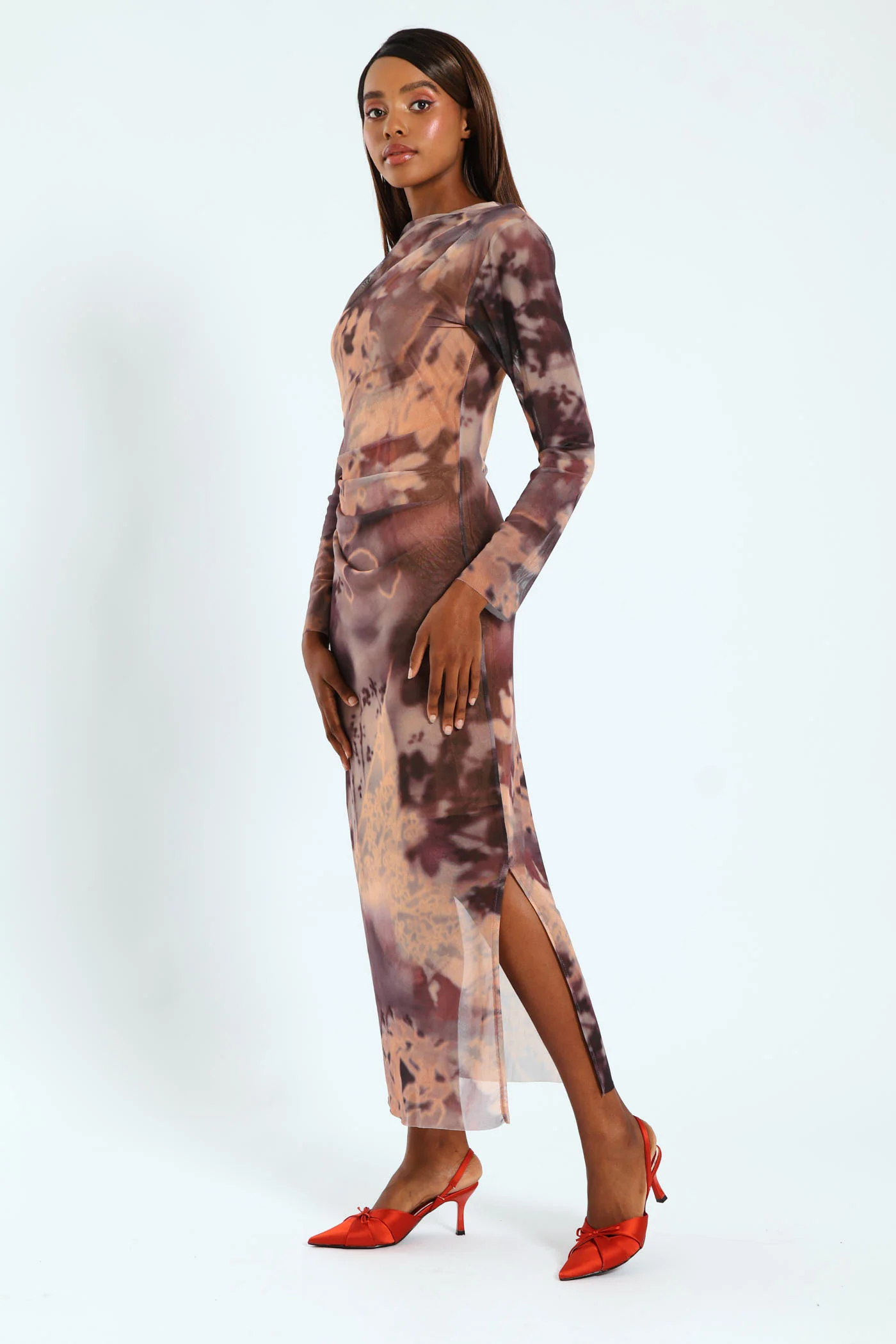 Drape Detail Tie Dye Mesh Midi Dress - Image 3