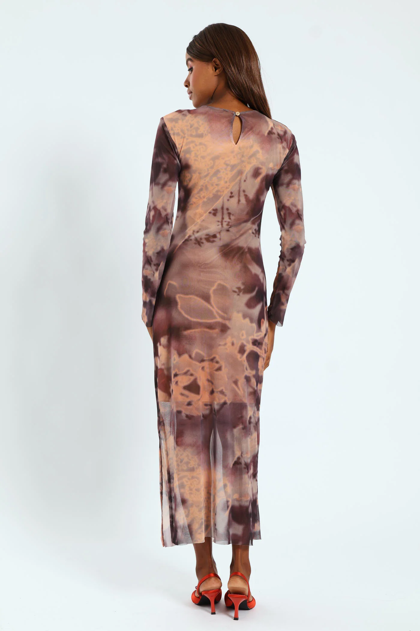 Drape Detail Tie Dye Mesh Midi Dress - Image 4