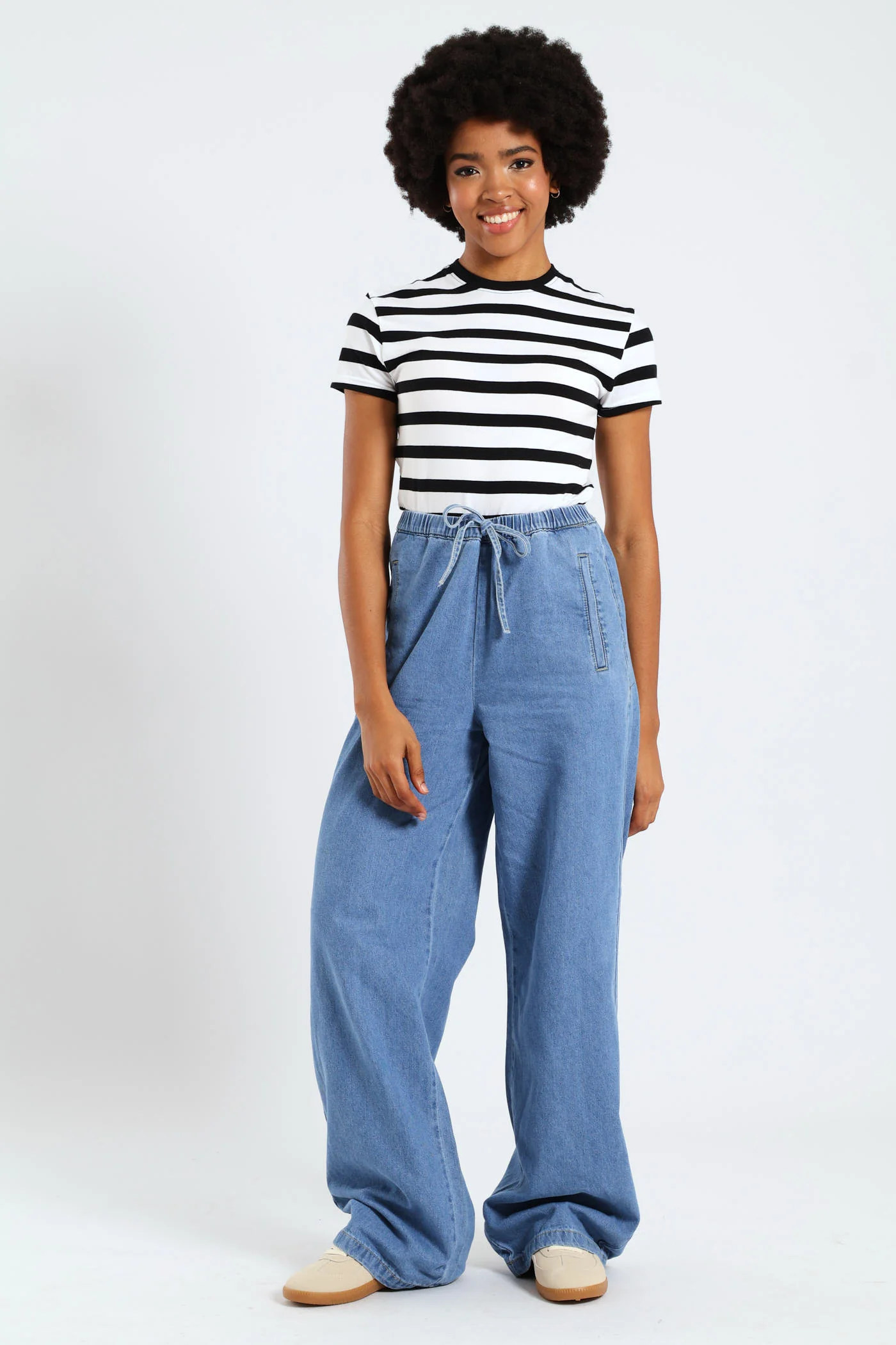 Drawcord Wide Leg Denim - Mid Blue - Image 2